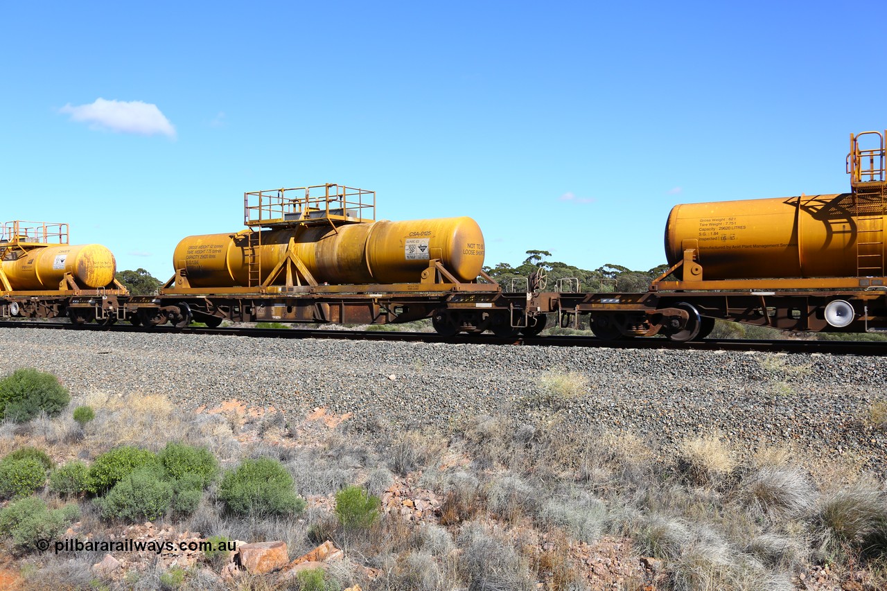 161111 2521
Binduli, Kalgoorlie Freighter train 5025, waggon AQHY 30095 with sulphuric acid tank CSA 0125, originally built by the WAGR Midland Workshops in 1964/66 as a WF type flat waggon, then in 1997, following several recodes and modifications, was one of seventy five waggons converted to the WQH type to carry CSA sulphuric acid tanks between Hampton/Kalgoorlie and Perth/Kwinana.
Keywords: AQHY-type;AQHY30095;WAGR-Midland-WS;WF-type;WFP-type;WFDY-type;WFDF-type;RFDF-type;WQH-type;