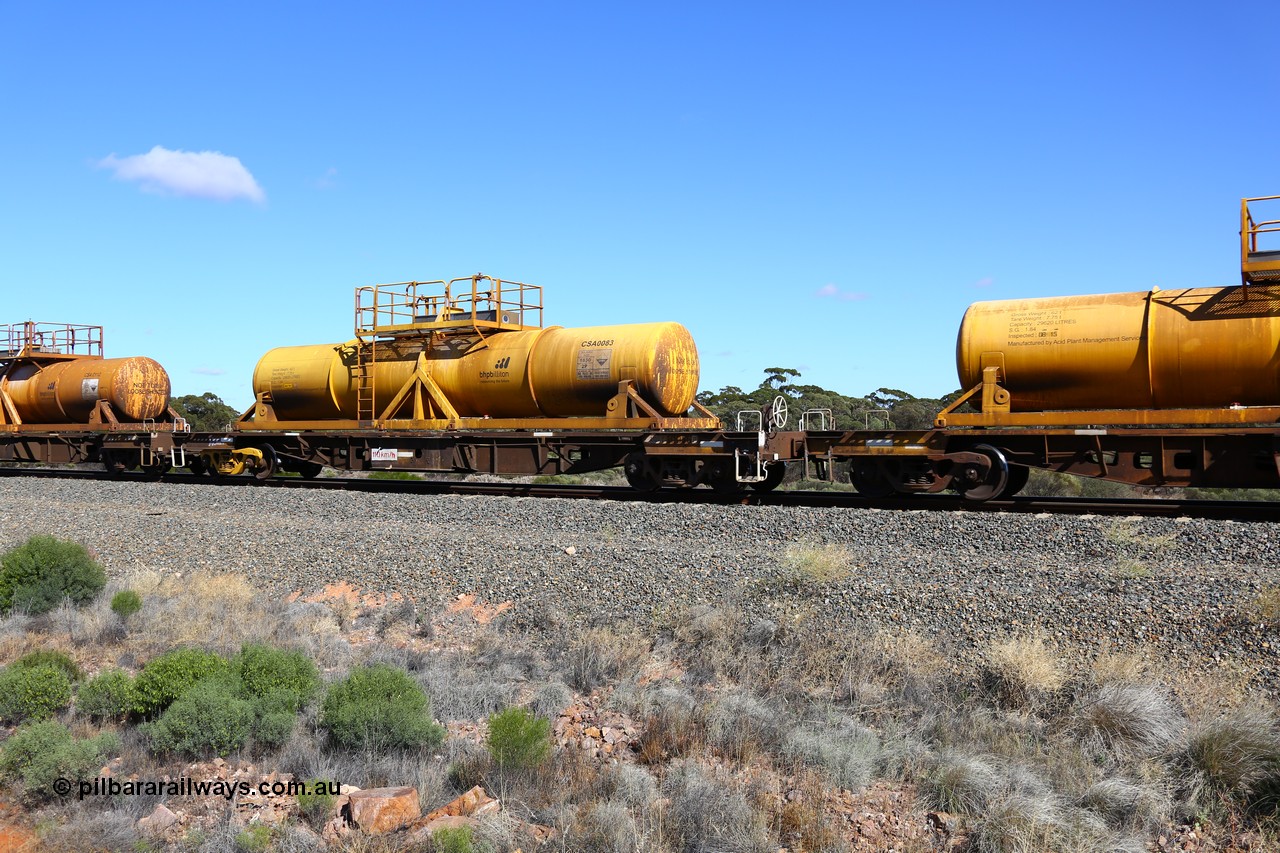 161111 2523
Binduli, Kalgoorlie Freighter train 5025, waggon AQHY 30056 with sulphuric acid tank CSA 0083, originally built by the WAGR Midland Workshops in 1964/66 as a WF type flat waggon, then in 1997, following several recodes and modifications, was one of seventy five waggons converted to the WQH type to carry CSA sulphuric acid tanks between Hampton/Kalgoorlie and Perth/Kwinana.
Keywords: AQHY-type;AQHY30056;WAGR-Midland-WS;WF-type;WFDY-type;WFDF-type;RFDF-type;WQH-type;