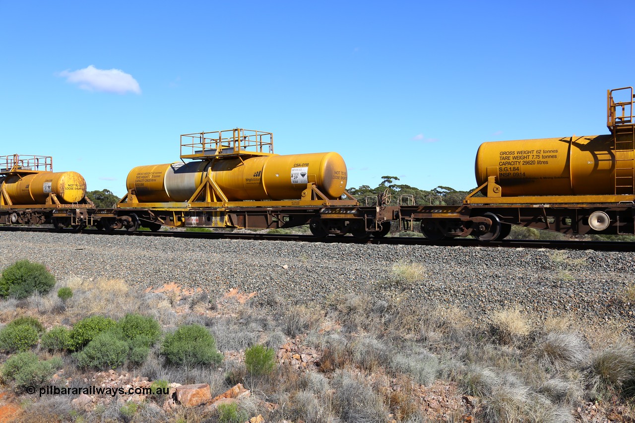 161111 2529
Binduli, Kalgoorlie Freighter train 5025, waggon AQHY 30110 with sulphuric acid tank CSA 0118, originally built by the WAGR Midland Workshops in 1964/66 as a WF type flat waggon, then in 1997, following several recodes and modifications, was one of seventy five waggons converted to the WQH type to carry CSA sulphuric acid tanks between Hampton/Kalgoorlie and Perth/Kwinana.
Keywords: AQHY-type;AQHY30110;WAGR-Midland-WS;WF-type;WFW-type;WFDY-type;WFDF-type;RFDF-type;WQH-type;