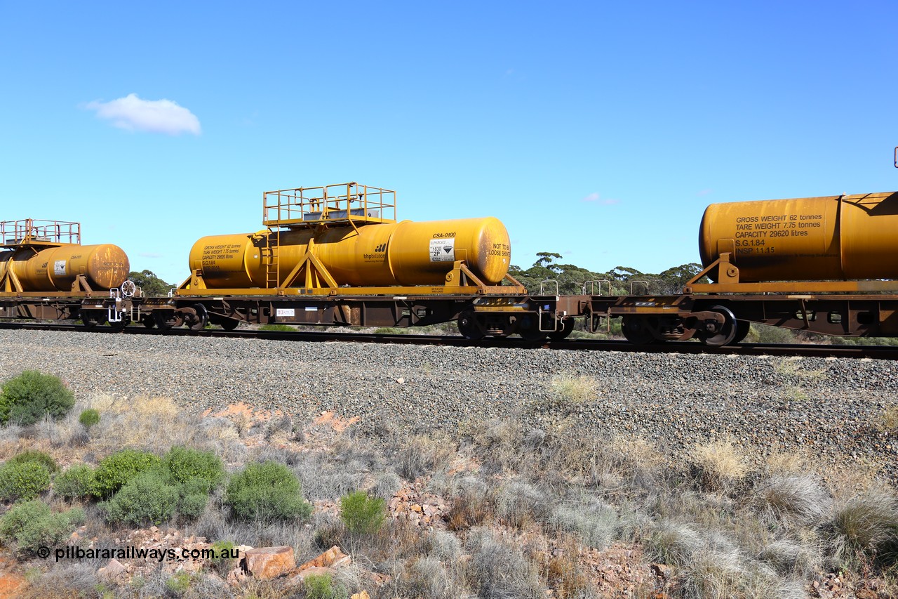 161111 2531
Binduli, Kalgoorlie Freighter train 5025, waggon AQHY 30094 with sulphuric acid tank CSA 0100, originally built by the WAGR Midland Workshops in 1964/66 as a WF type flat waggon, then in 1997, following several recodes and modifications, was one of seventy five waggons converted to the WQH type to carry CSA sulphuric acid tanks between Hampton/Kalgoorlie and Perth/Kwinana.
Keywords: AQHY-type;AQHY30094;WAGR-Midland-WS;WF-type;WFDY-type;WFDF-type;RFDF-type;WQH-type;