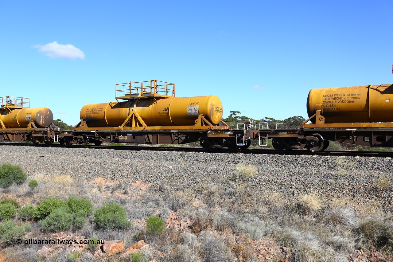 161111 2533
Binduli, Kalgoorlie Freighter train 5025, waggon AQHY 30077 with sulphuric acid tank CSA 0116, originally built by the WAGR Midland Workshops in 1964/66 as a WF type flat waggon, then in 1997, following several recodes and modifications, was one of seventy five waggons converted to the WQH type to carry CSA sulphuric acid tanks between Hampton/Kalgoorlie and Perth/Kwinana.
Keywords: AQHY-type;AQHY30077;WAGR-Midland-WS;WF-type;WFDY-type;WFDF-type;RFDF-type;WQH-type;