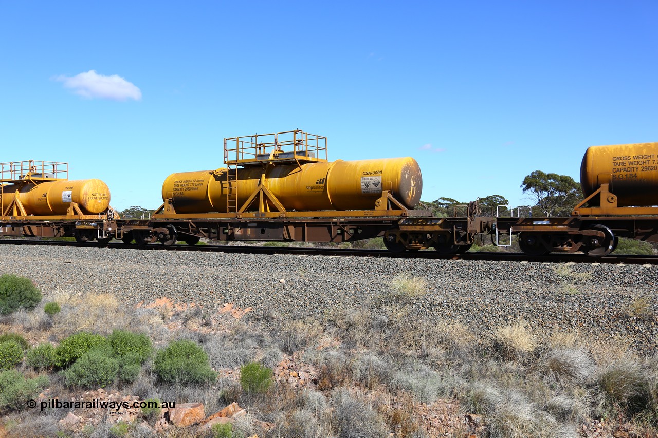 161111 2534
Binduli, Kalgoorlie Freighter train 5025, waggon AQHY 30055 with sulphuric acid tank CSA 0090, originally built by the WAGR Midland Workshops in 1964/66 as a WF type flat waggon, then in 1997, following several recodes and modifications, was one of seventy five waggons converted to the WQH type to carry CSA sulphuric acid tanks between Hampton/Kalgoorlie and Perth/Kwinana.
Keywords: AQHY-type;AQHY30055;WAGR-Midland-WS;WF-type;WFW-type;WFDY-type;WFDF-type;RFDF-type;WQH-type;