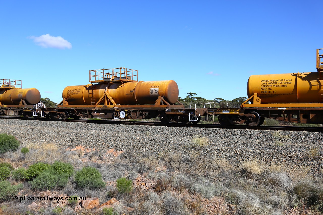 161111 2536
Binduli, Kalgoorlie Freighter train 5025, waggon AQHY 30064 with sulphuric acid tank CSA 0119, originally built by the WAGR Midland Workshops in 1964/66 as a WF type flat waggon, then in 1997, following several recodes and modifications, was one of seventy five waggons converted to the WQH type to carry CSA sulphuric acid tanks between Hampton/Kalgoorlie and Perth/Kwinana.
Keywords: AQHY-type;AQHY30064;WAGR-Midland-WS;WF-type;WFDY-type;WFDF-type;RFDF-type;WQH-type;