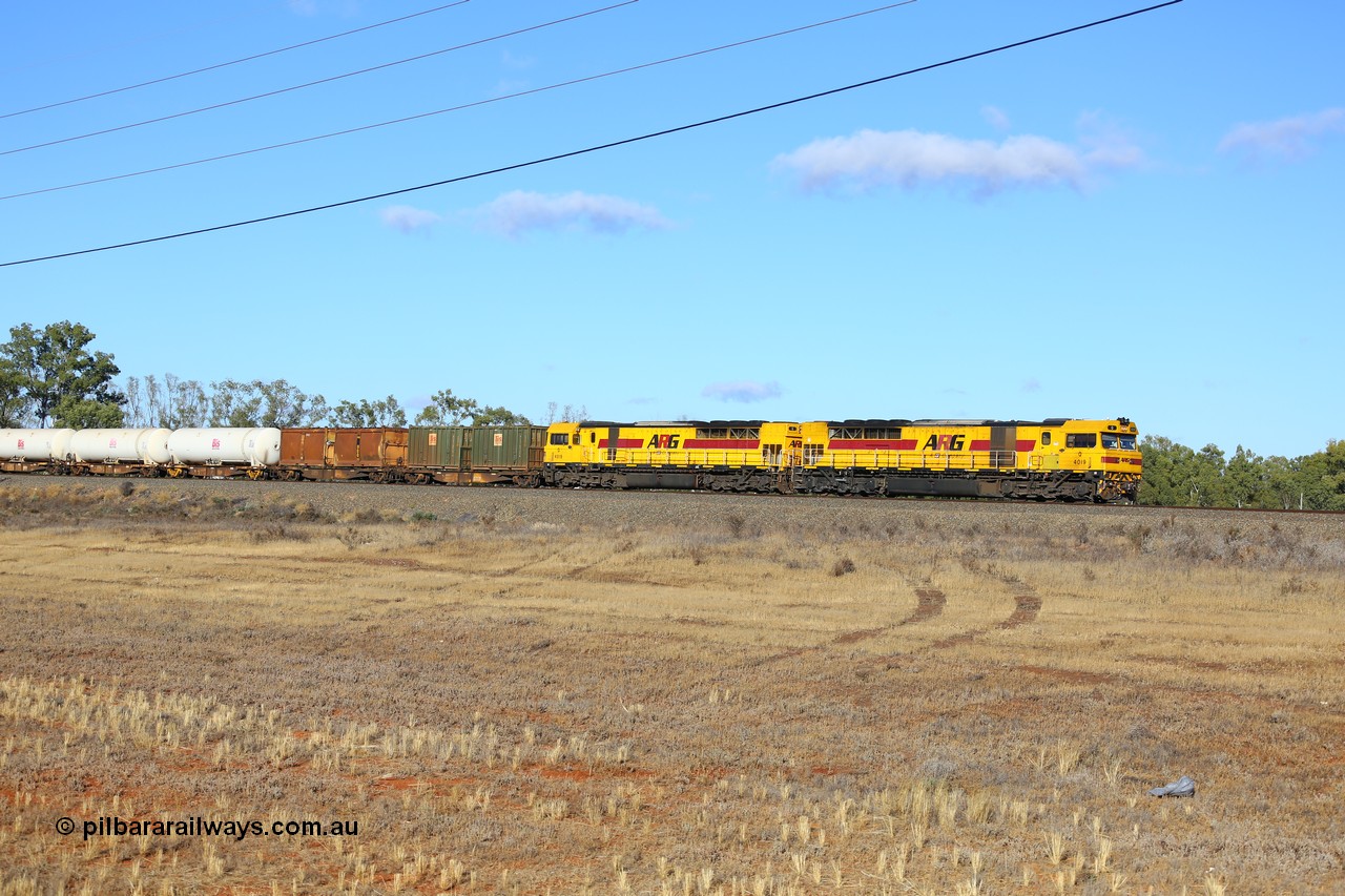 161111 2396
Kalgoorlie, Malcolm freighter train 5029 to service the Murrin Murrin nickel mine passes Twin Dams with a pair of Clyde Engineering EMD model GT64C Q class units Q 4019 serial 98-1472, the last of class and renumbered from Q 319 and Q 4018 serial 98-1471 also renumbered from Q 318.
Keywords: Q-class;Q4019;Clyde-Engineering-Forrestfield-WA;EMD;GT46C;98-1472;Q319;