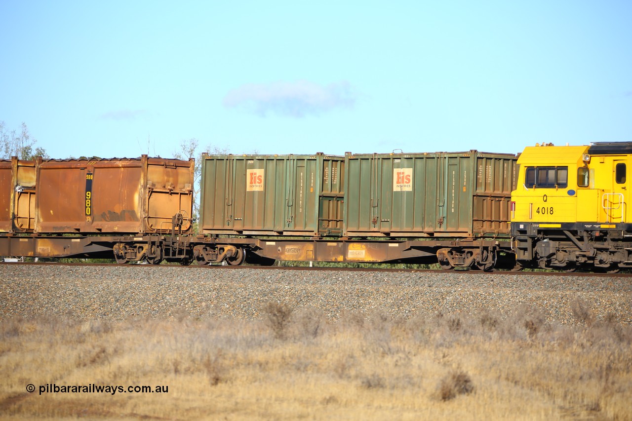 161111 2397
Kalgoorlie, Malcolm freighter train 5029, waggon AQNY 32159 one of sixty two waggons built by Goninan WA in 1998 as WQN type for Murrin Murrin container traffic with two Bis Industries 25U0 type sulphur containers BISU 100100 and BISU 100107.
Keywords: AQNY-type;AQNY32159;Goninan-WA;WQN-type;