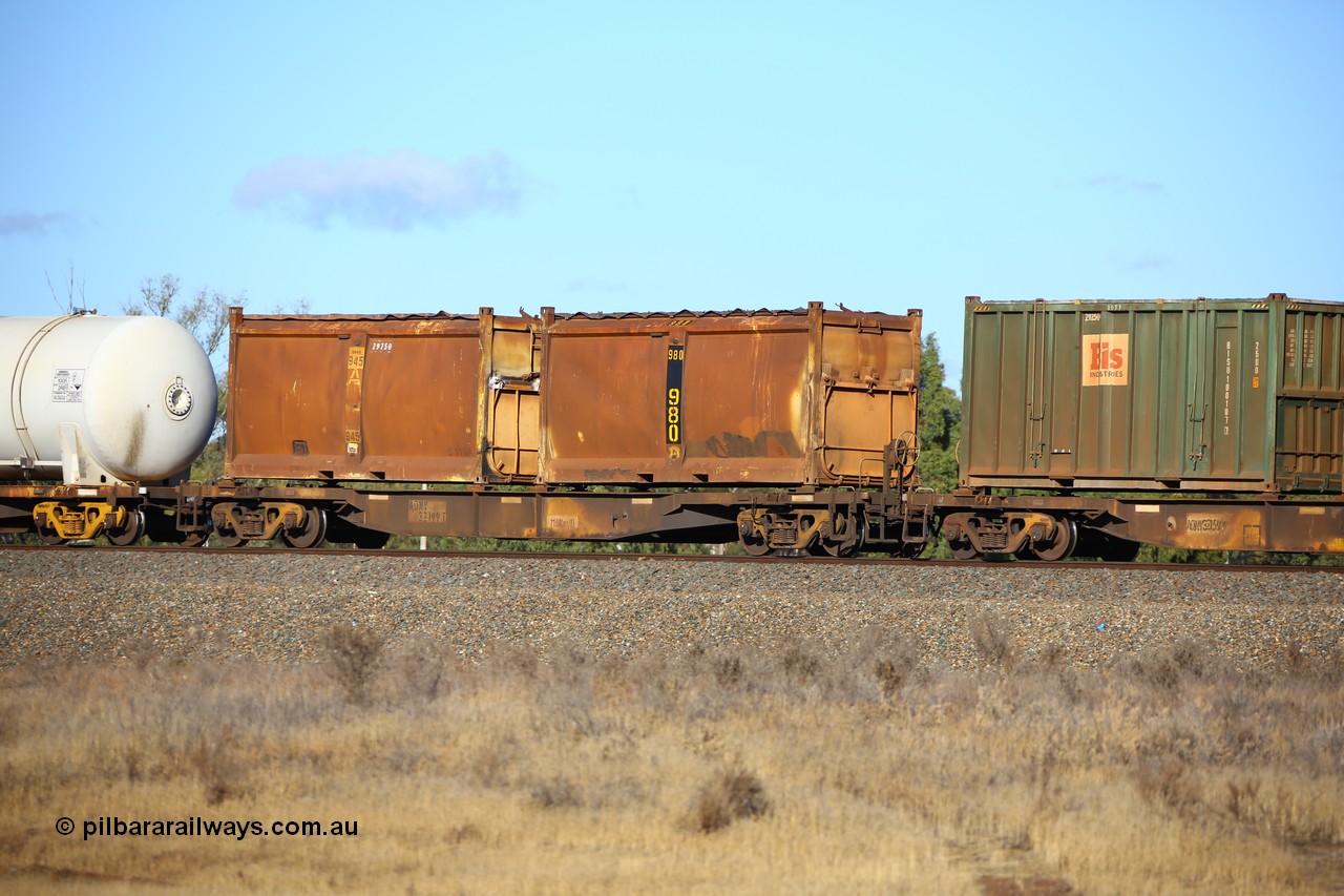 161111 2398
Kalgoorlie, Malcolm freighter train 5029, waggon AQNY 32199 one of sixty two waggons built by Goninan WA in 1998 as WQN type for Murrin Murrin container traffic with two original style Westrail sulphur containers S1?? 980 and S119A 945.
Keywords: AQNY-type;AQNY32199;Goninan-WA;WQN-type;