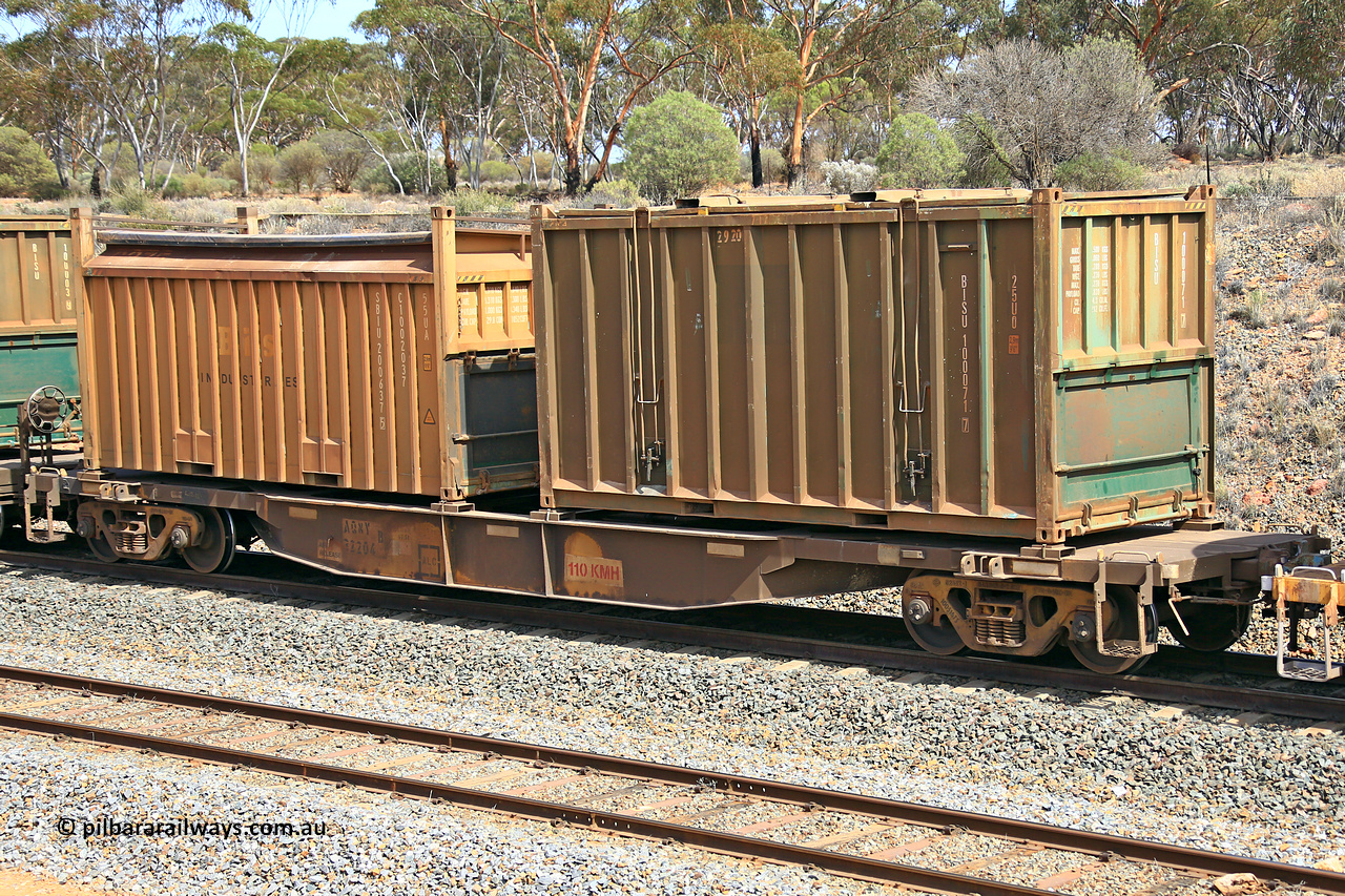 231020 8269
Binduli, 5029 Malcolm Freighter, AQNY type container waggon AQNY 32204 one of sixty two waggons built by Goninan WA in 1998 as WQN type for Murrin Murrin container traffic with an undecorated Bis Industries hard-top 25U0 type sulphur containers BISU 100071 and a Bis Industries 55UA roll-top sulphur container SIBU 200637.
Keywords: AQNY-type;AQNY32204;Goninan-WA;WQN-type;