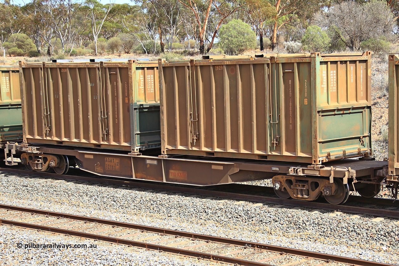 231020 8276
Binduli, 5029 Malcolm Freighter, AQNY type container waggon AQNY 32180 one of sixty two waggons built by Goninan WA in 1998 as WQN type for Murrin Murrin container traffic with two undecorated Bis Industries hard-top 25U0 type sulphur containers BISU 100028 and BISU 100040.
Keywords: AQNY-type;AQNY32180;Goninan-WA;WQN-type;