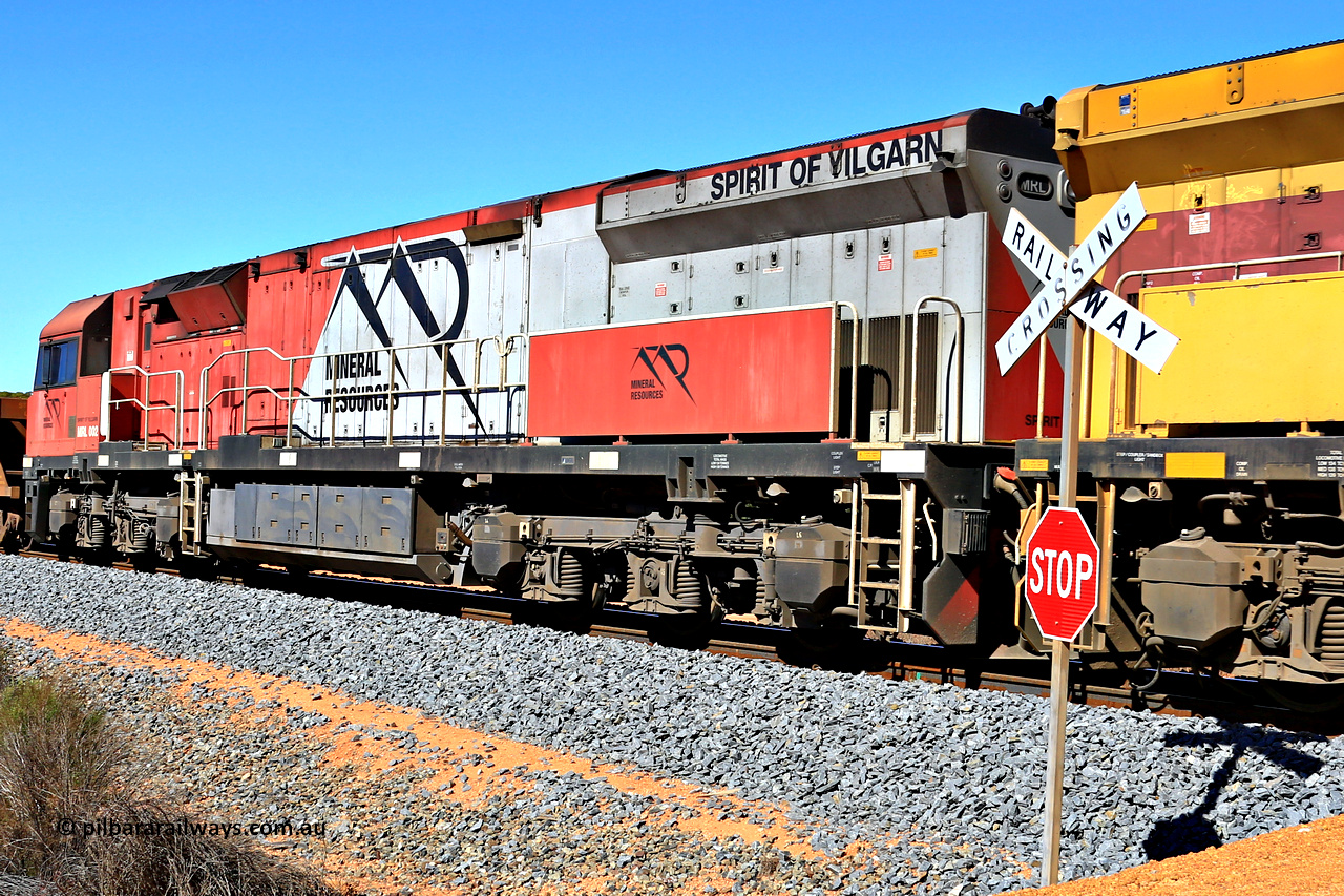 240328 2795
Hampton, Mineral Resources MRL class locomotive MRL 002 'Spirit of Yilgarn' with serial number R-0113-03 / 14-505 and is a UGL, Broadmeadow NSW, built GE C44ACi model of which six such units were built for Mineral Resources in 2014. Seen here on an empty Mineral Resources empty Mount Walton iron ore train service 5040. March 28, 2024.
Keywords: MRL-class;MRL002;UGL-Rail-NSW;GE;C44ACi;R-0113-03/14-505;