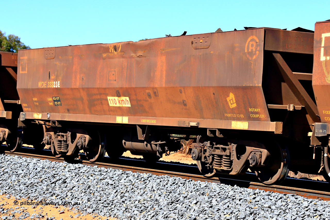 240328 2797
WOE type iron ore waggon WOE 33323 is one of a batch of one hundred and forty one built by United Goninan WA between November 2005 and April 2006 with serial number 950142-028 and fleet number 822, in Mineral Resources traffic 5040 empty Mount Walton iron ore train. March 28, 2024.
Keywords: WOE-type;WOE33323;United-Goninan-WA;950142-028;