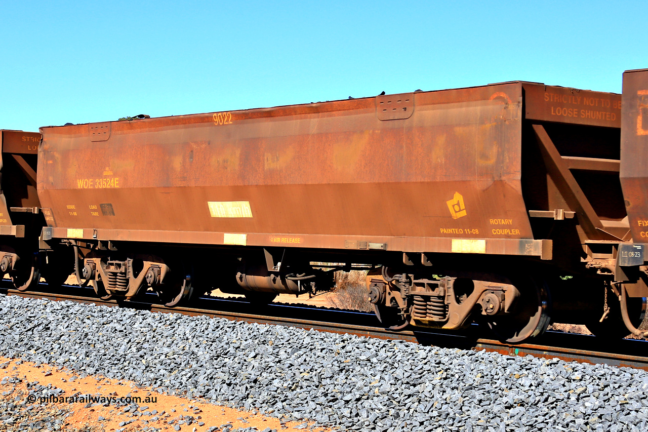 240328 2798
WOE type iron ore waggon WOE 33524 is one of a batch of one hundred and twenty eight built by United Group Rail WA between August 2008 and March 2009 with serial number 950211-064 and fleet number 9022, in Mineral Resources traffic 5040 empty Mount Walton iron ore train. March 28, 2024.
Keywords: WOE-type;WOE33524;United-Group-Rail-WA;950211-064;