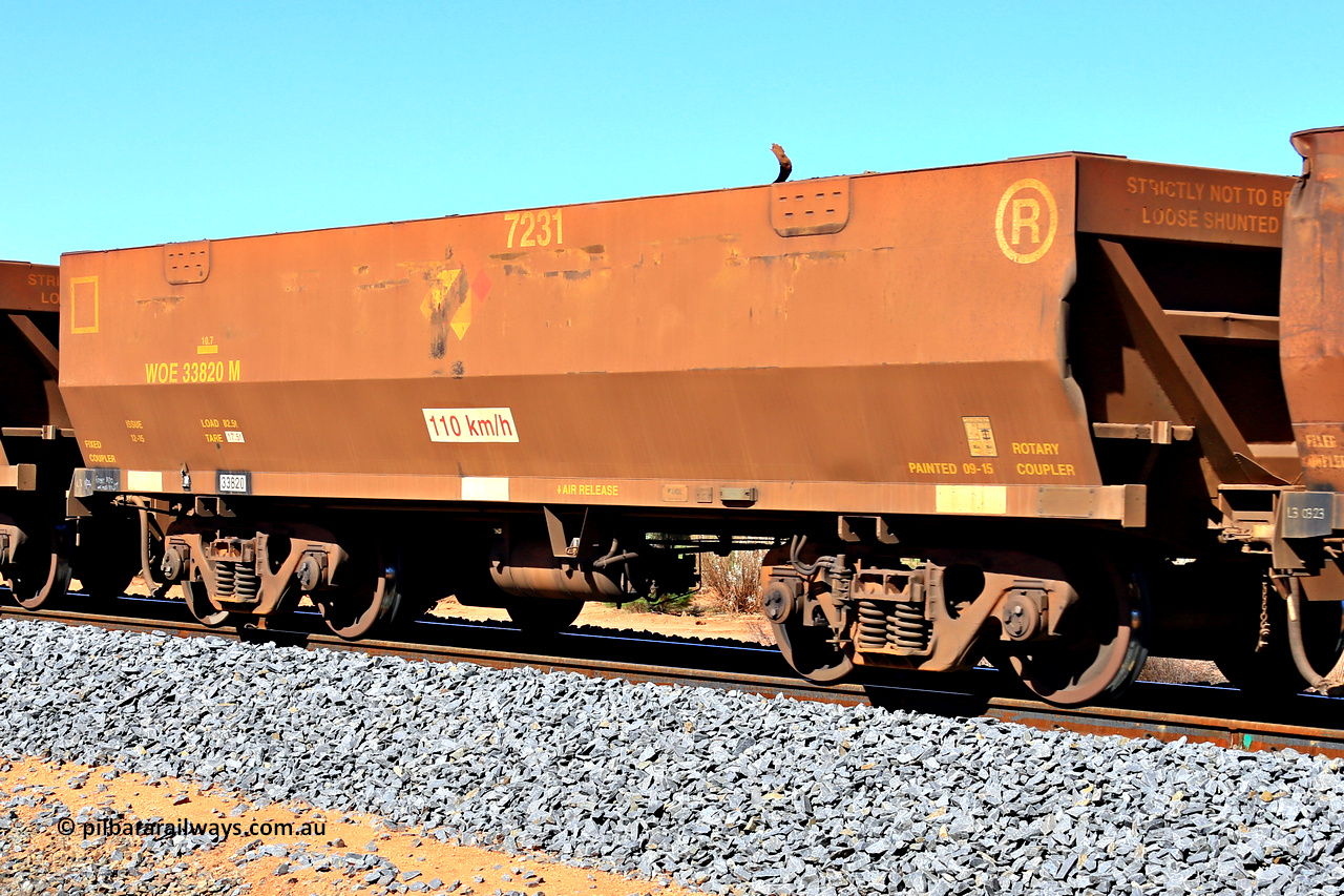 240328 2799
WOE type iron ore waggon WOE 33820 is from a batch of thirty built by UGL [United Goninan Limited] in China during November and December 2015 with serial number R0189-005 in original brown paint with Aurizon logo and fleet number 7231, in Mineral Resources traffic 5040 empty Mount Walton iron ore train. March 28, 2024.
Keywords: WOE-type;WOE33820;UGL-China;R0189-005;