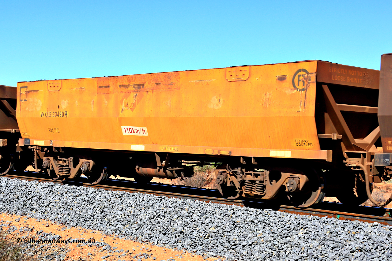 240328 2803
WOE type iron ore waggon WOE 33490 is one of a batch of one hundred and twenty eight built by United Group Rail WA between August 2008 and March 2009 with serial number 950211-030 and was fleet number 8984 before the sides were painted yellow and Aurizon logos, in Mineral Resources traffic 5040 empty Mount Walton iron ore train. March 28, 2024.
Keywords: WOE-type;WOE33490;United-Group-Rail-WA;950211-030;