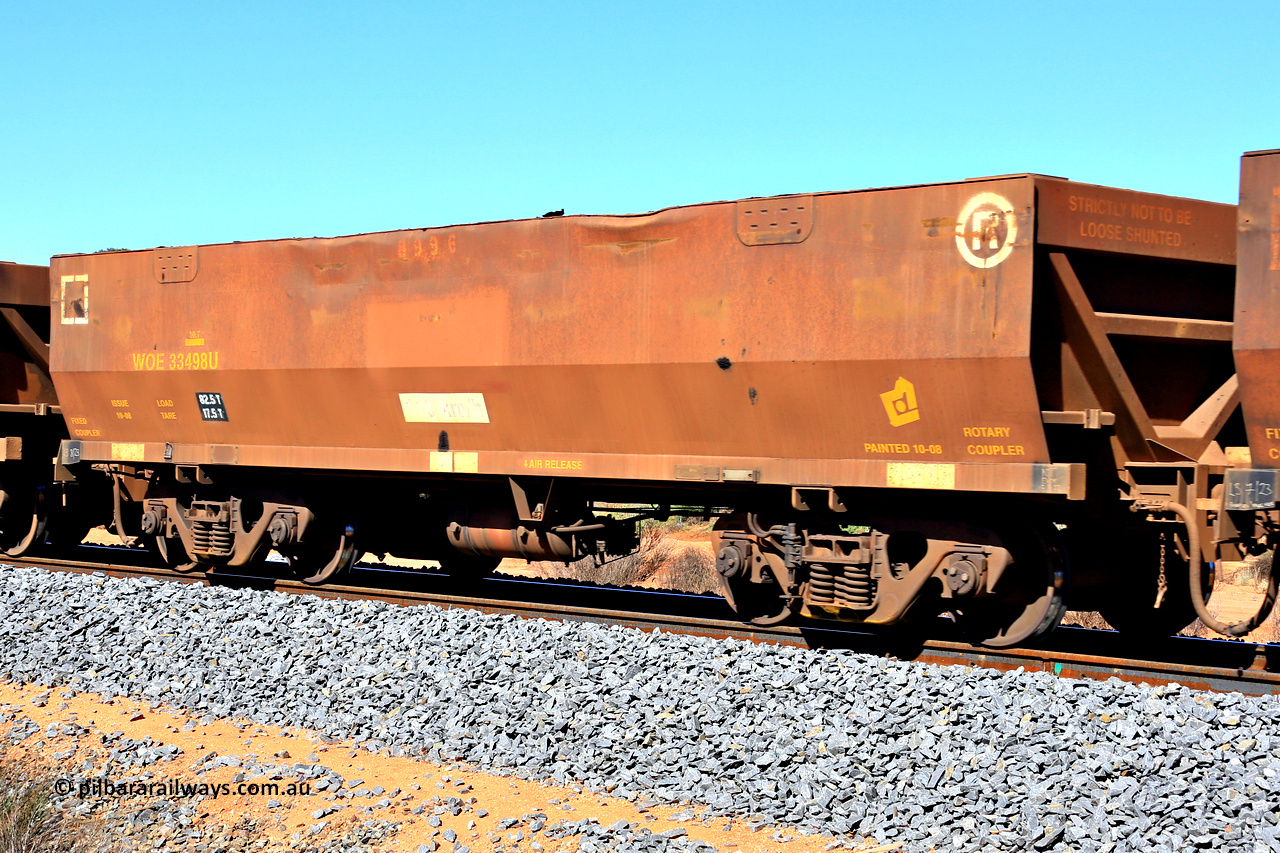 240328 2806
WOE type iron ore waggon WOE 33498 is one of a batch of one hundred and twenty eight built by United Group Rail WA between August 2008 and March 2009 with serial number 950211-038 and fleet number 8996, in Mineral Resources traffic 5040 empty Mount Walton iron ore train. March 28, 2024.
Keywords: WOE-type;WOE33498;United-Group-Rail-WA;950211-038;
