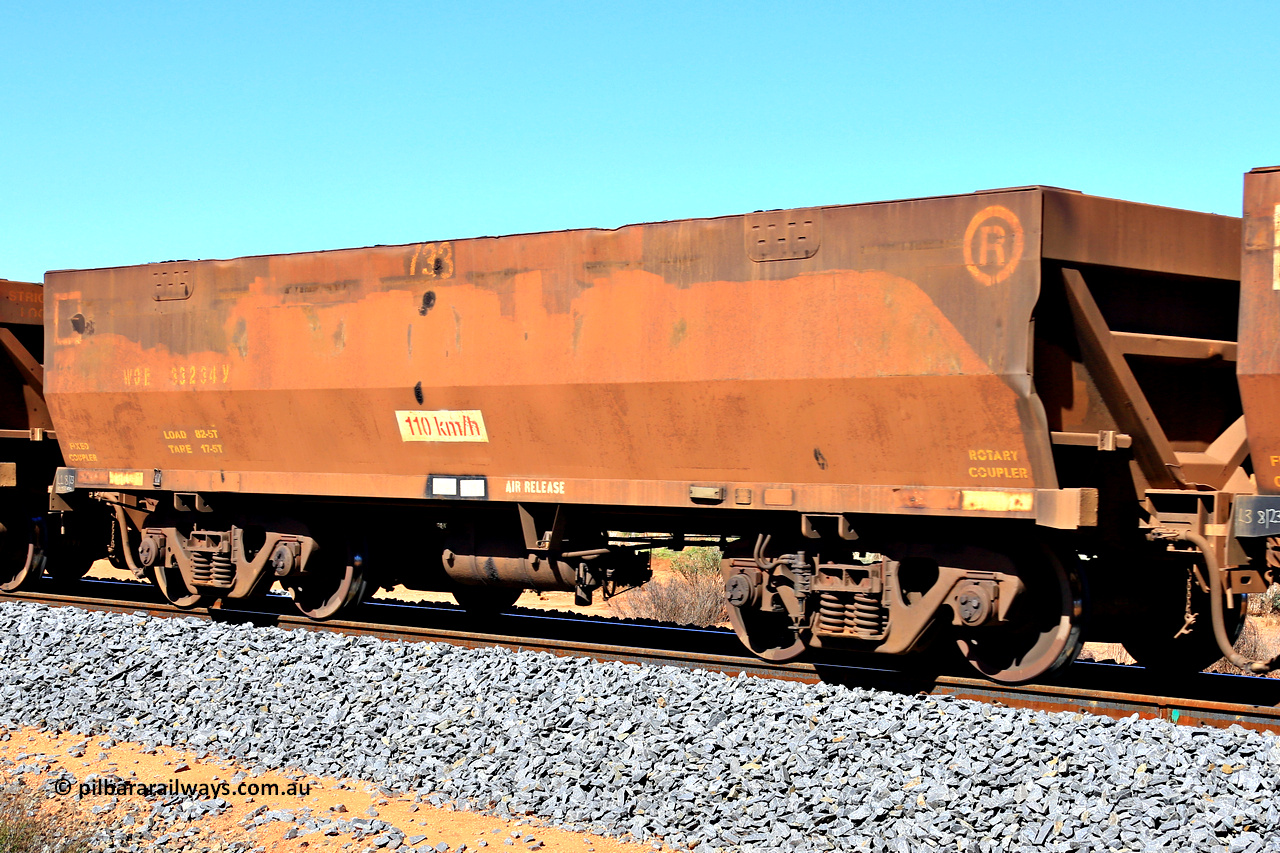 240328 2807
WOE type iron ore waggon WOE 33234 is the first of a batch of twenty seven built by Goninan WA between September and October 2002 with serial number 950103-001 and fleet number 733, in Mineral Resources traffic 5040 empty Mount Walton iron ore train. March 28, 2024.
Keywords: WOE-type;WOE33234;Goninan-WA;950103-001;