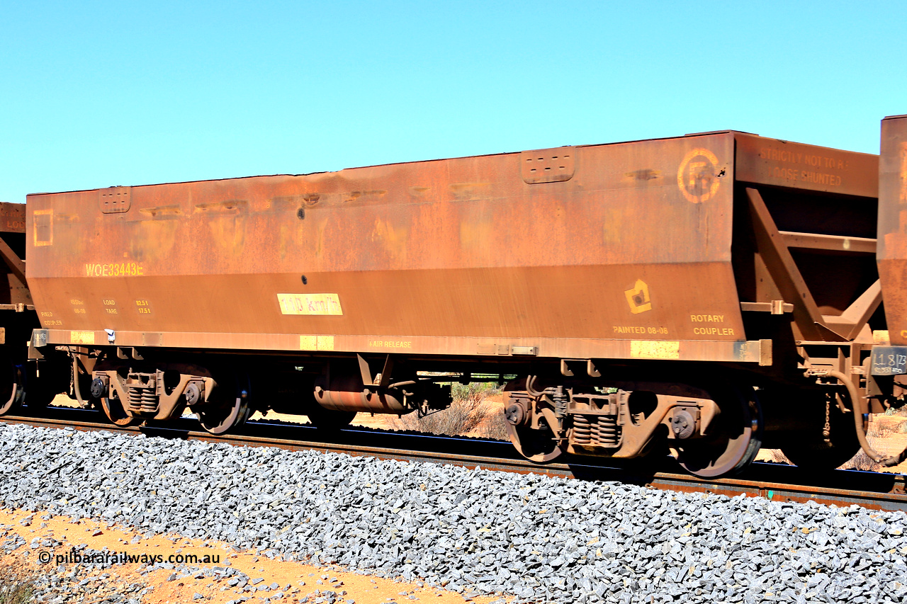 240328 2808
WOE type iron ore waggon WOE 33443 is one of a batch of seventeen built by United Group Rail WA between July and August 2008 with serial number 950209-007 and fleet number 8944, in Mineral Resources traffic 5040 empty Mount Walton iron ore train. March 28, 2024.
Keywords: WOE-type;WOE33443;United-Group-Rail-WA;950209-007;
