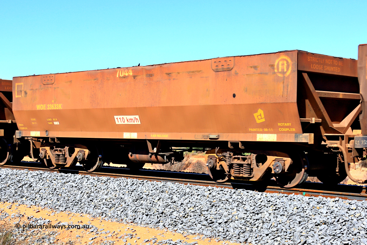 240328 2812
WOE type iron ore waggon WOE 33633 is from a batch of two hundred and twenty seven built by UGL Rail WA between from 08-2011 and 02-2012 of the current style of 82.5 tonne load capacity WOE class waggons with fleet number 7044, in Mineral Resources traffic 5040 empty Mount Walton iron ore train. March 28, 2024.
Keywords: WOE-type;WOE33633;UGL-Rail-WA;R0067-045