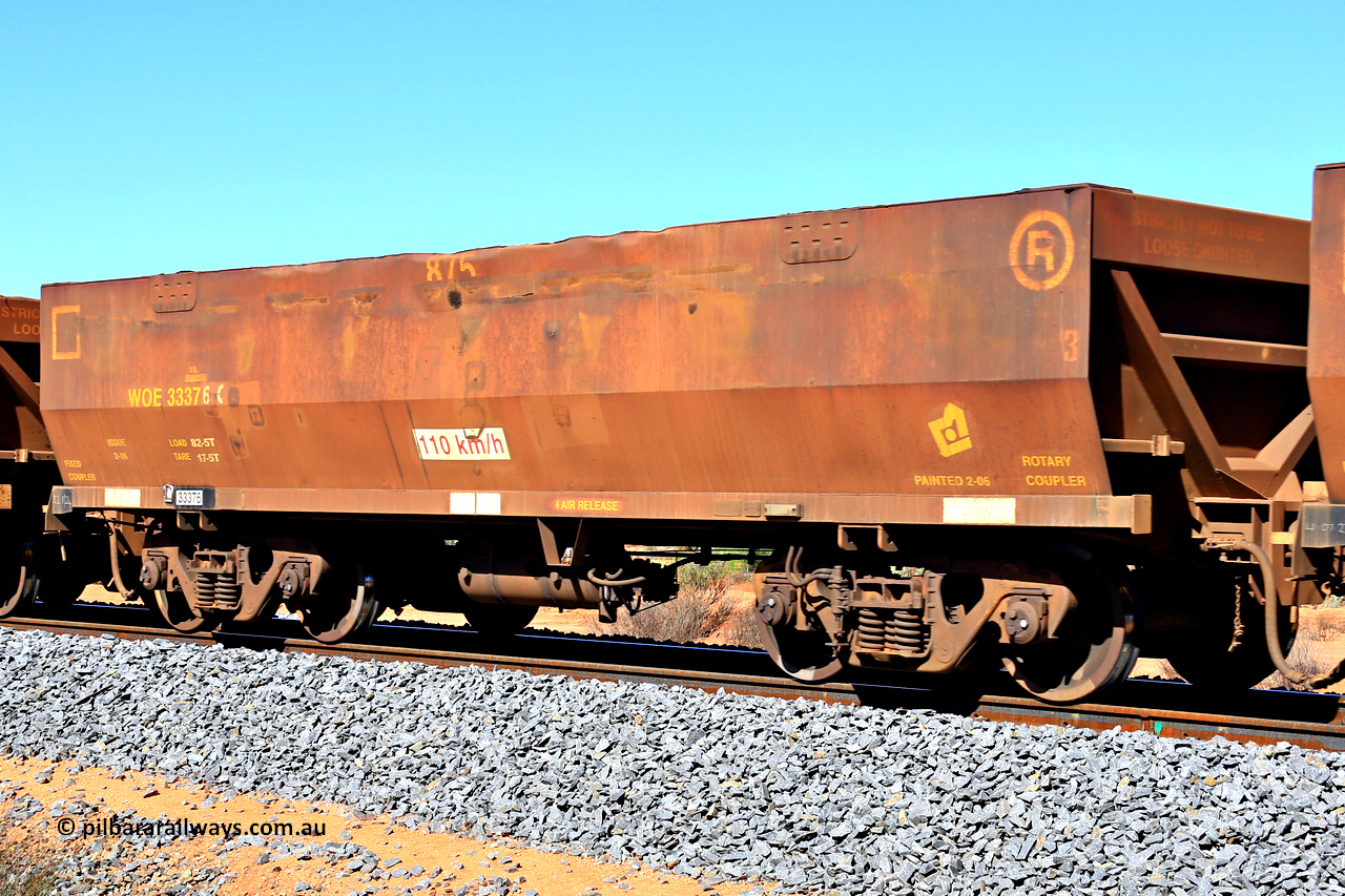 240328 2813
WOE type iron ore waggon WOE 33376 is one of a batch of one hundred and forty one built by United Goninan WA between November 2005 and April 2006 with serial number 950142-081 and fleet number 875, in Mineral Resources traffic 5040 empty Mount Walton iron ore train. March 28, 2024.
Keywords: WOE-type;WOE33376;United-Goninan-WA;950142-081;