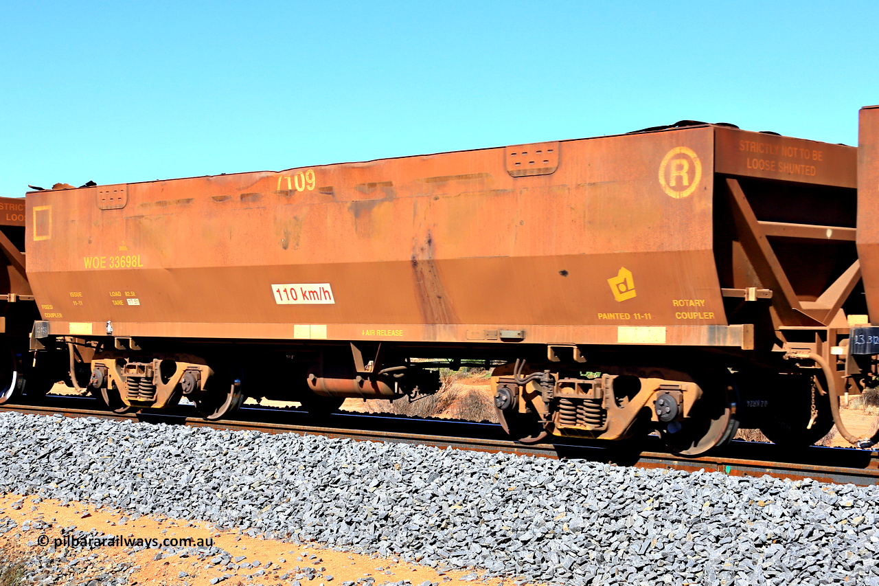 240328 2816
WOE type iron ore waggon WOE 33698 is from a batch of two hundred and twenty seven built by UGL Rail WA between from 08-2011 and 02-2012 of the current style of 82.5 tonne load capacity WOE class waggons with fleet number 7109, in Mineral Resources traffic 5040 empty Mount Walton iron ore train. March 28, 2024.
Keywords: WOE-type;WOE33698;UGL-Rail-WA;R0067-110;