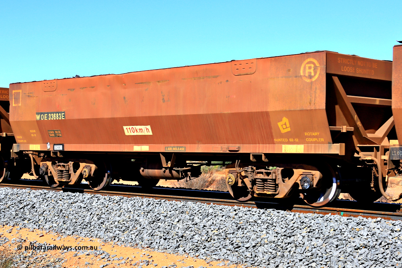 240328 2817
WOE type iron ore waggon WOE 33683 is from a batch of two hundred and twenty seven built by UGL Rail WA between from 08-2011 and 02-2012 of the current style of 82.5 tonne load capacity WOE class waggons and was fleet number 7094 before the sides were repainted brown, in Mineral Resources traffic 5040 empty Mount Walton iron ore train. March 28, 2024.
Keywords: WOE-type;WOE33683;UGL-Rail-WA;R0067-095;