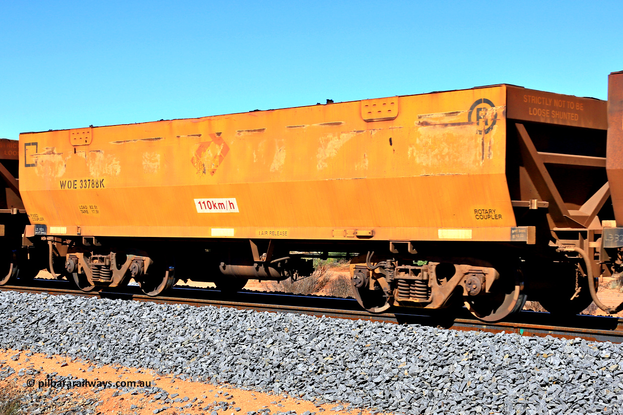 240328 2818
WOE type iron ore waggon WOE 33788 is number two hundred from a batch of two hundred and twenty seven built by UGL Rail WA between from 08-2011 and 02-2012 of the current style of 82.5 tonne load capacity WOE class waggons and was fleet number 7199 before the sides were painted yellow and Aurizon logos, in Mineral Resources traffic 5040 empty Mount Walton iron ore train. March 28, 2024.
Keywords: WOE-type;WOE33788;UGL-Rail-WA;R0067-200;