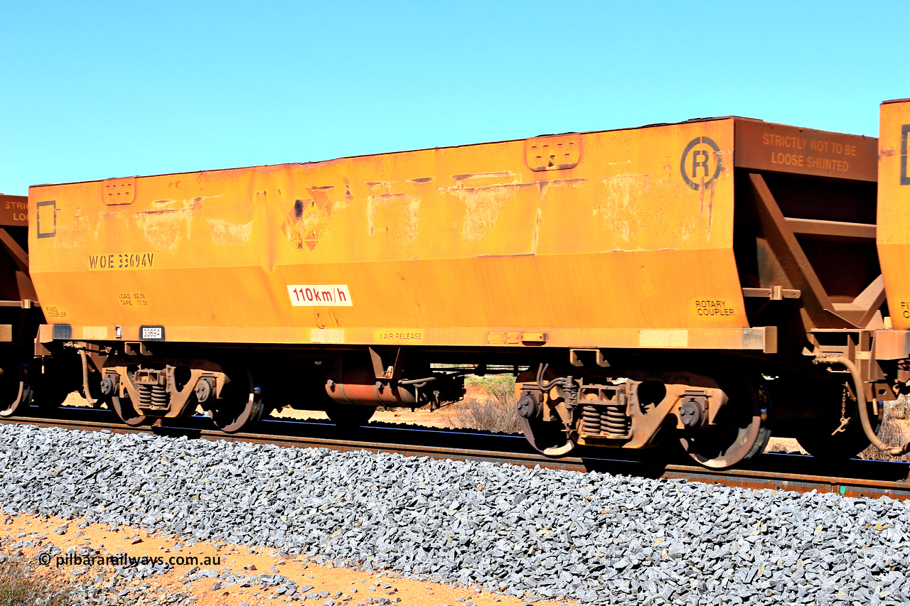 240328 2820
WOE type iron ore waggon WOE 33694 is from a batch of two hundred and twenty seven built by UGL Rail WA between from 08-2011 and 02-2012 of the current style of 82.5 tonne load capacity WOE class waggons and was fleet number 7105 before the sides were painted yellow and Aurizon logos, in Mineral Resources traffic 5040 empty Mount Walton iron ore train. March 28, 2024.
Keywords: WOE-type;WOE33694;UGL-Rail-WA;R0067-106;