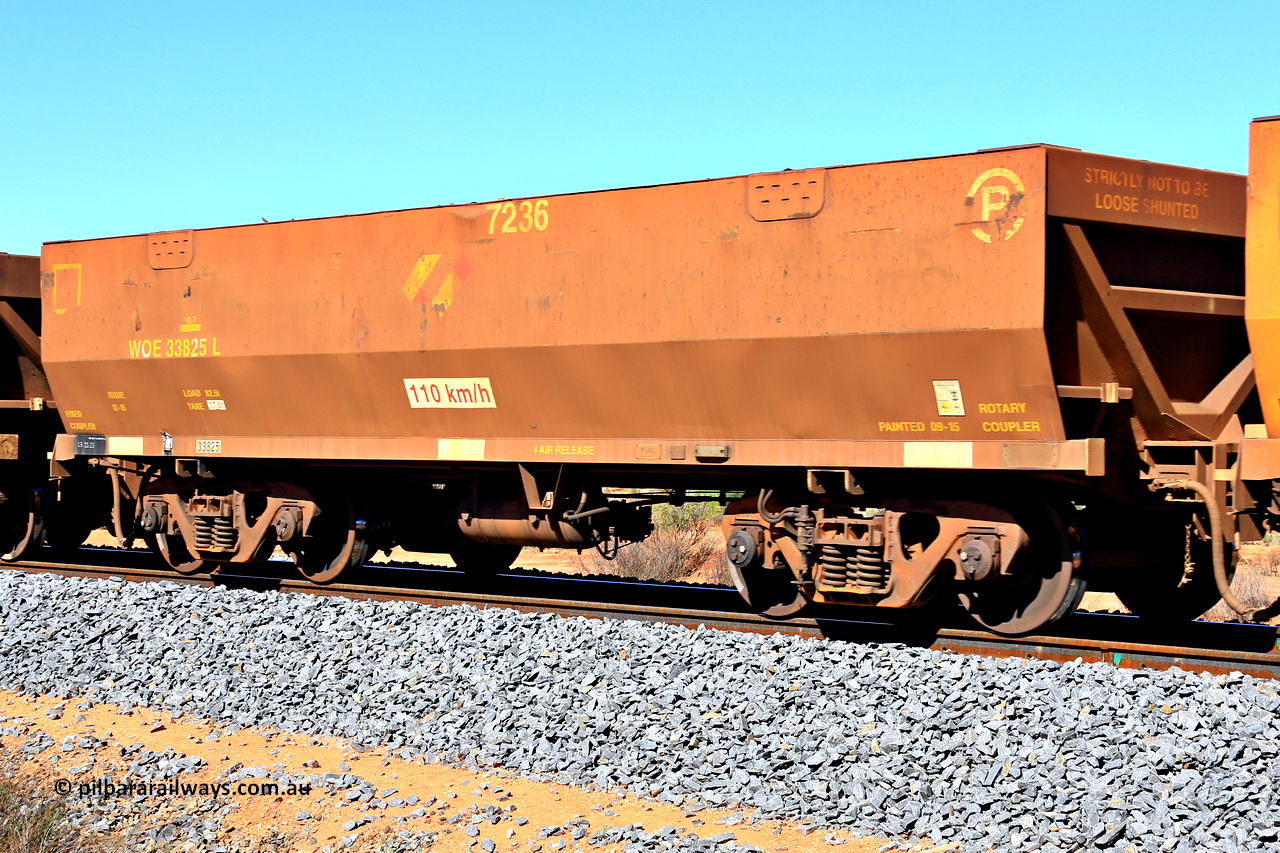 240328 2821
WOE type iron ore waggon WOE 33825 is from a batch of thirty built by UGL [United Goninan Limited] in China during November and December 2015 with serial number R0189-010 in original brown paint with Aurizon logo and fleet number 7236, in Mineral Resources traffic 5040 empty Mount Walton iron ore train. March 28, 2024.
Keywords: WOE-type;WOE33825;UGL-China;R0189-010;
