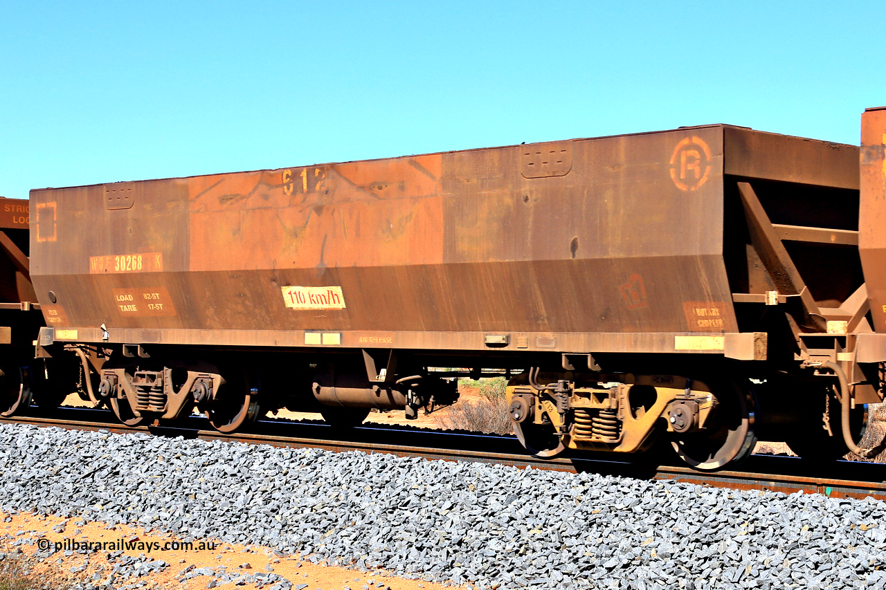 240328 2822
WOE type iron ore waggon WOE 30268 is one of a batch of one hundred and thirty built by Goninan WA between March and August 2001 with serial number 950092-018 and fleet number 612, in Mineral Resources traffic 5040 empty Mount Walton iron ore train. March 28, 2024.
Keywords: WOE-type;WOE30268;Goninan-WA;950092-018;