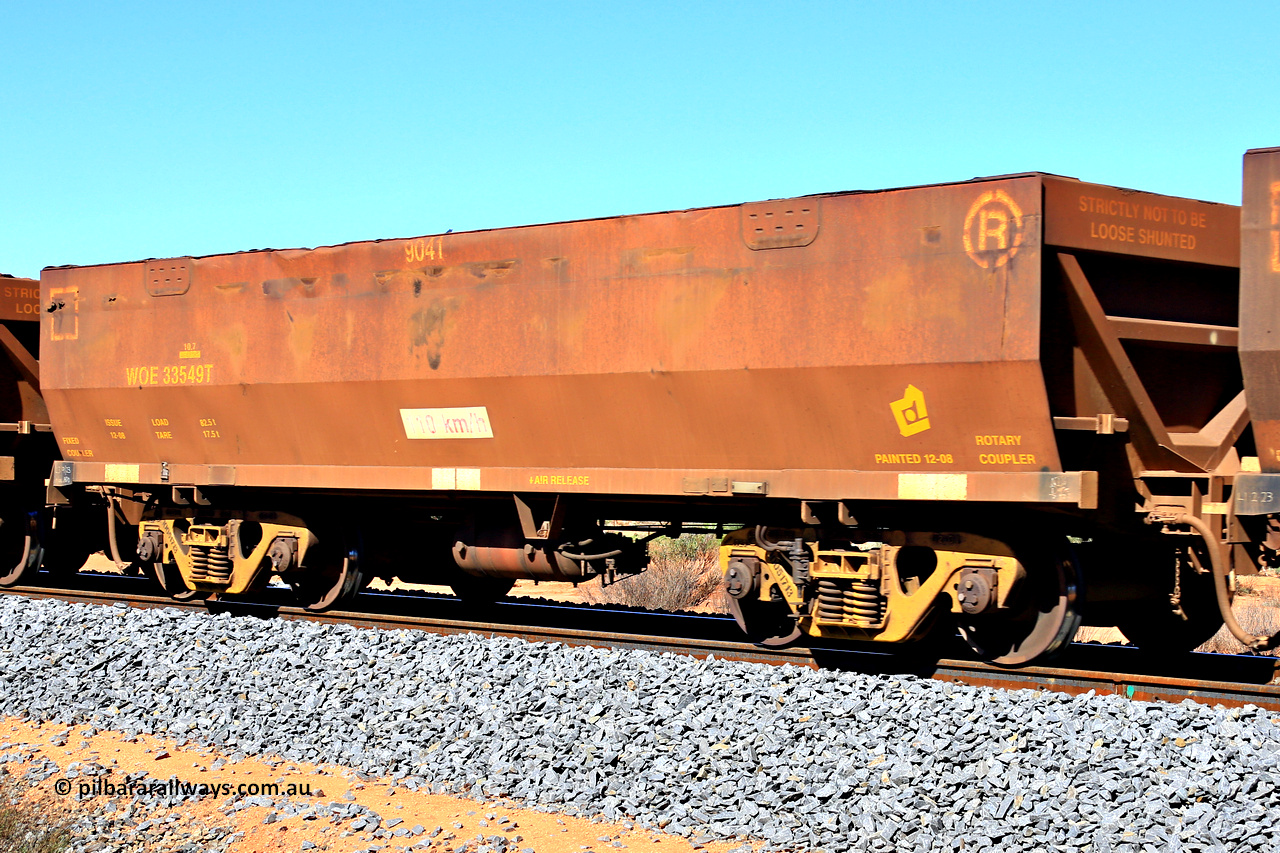 240328 2823
WOE type iron ore waggon WOE 33549 is one of a batch of one hundred and twenty eight built by United Group Rail WA between August 2008 and March 2009 with serial number 950211-089 and fleet number 9041. WOE 33549 was the first to have the United Group Rail plate. In Mineral Resources traffic 5040 empty Mount Walton iron ore train. March 28, 2024.
Keywords: WOE-type;WOE33549;United-Group-Rail-WA;950211-089;
