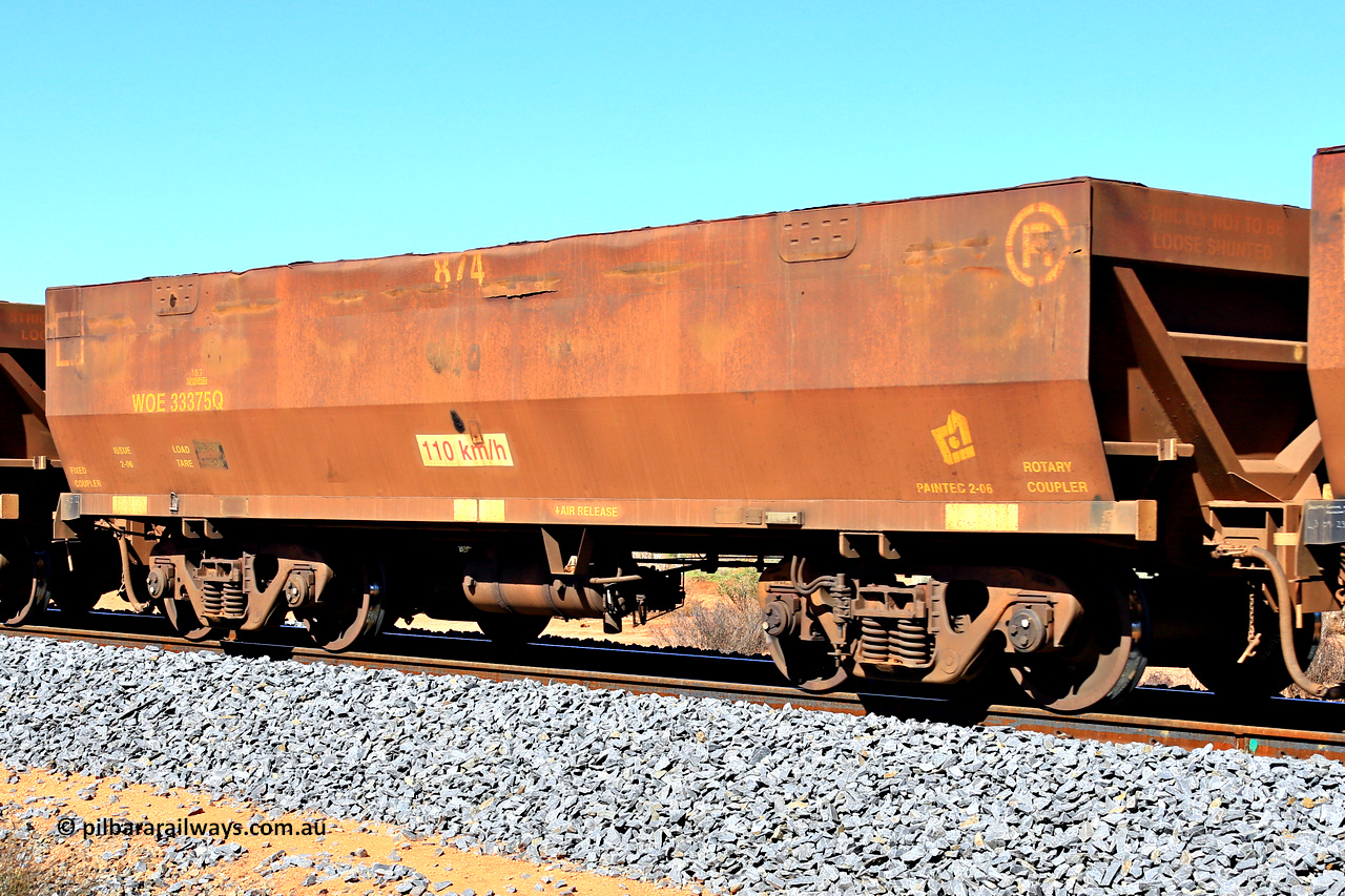 240328 2825
WOE type iron ore waggon WOE 33375 is one of a batch of one hundred and forty one built by United Goninan WA between November 2005 and April 2006 with serial number 950142-080 and fleet number 874, in Mineral Resources traffic 5040 empty Mount Walton iron ore train. March 28, 2024.
Keywords: WOE-type;WOE33375;United-Goninan-WA;950142-080;