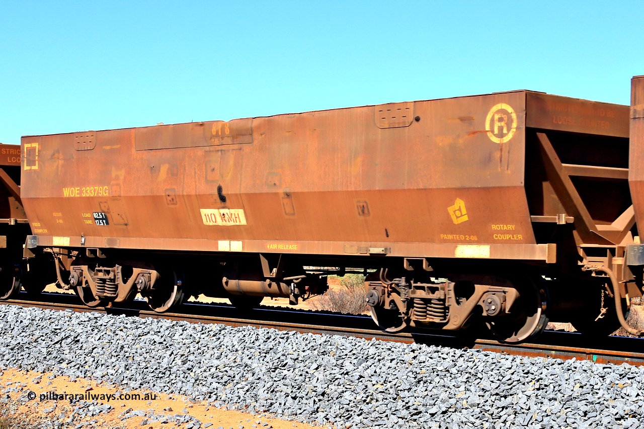 240328 2826
WOE type iron ore waggon WOE 33379 is one of a batch of one hundred and forty one built by United Group Rail WA between November 2005 and April 2006 with serial number 950142-084 and fleet number 878, in Mineral Resources traffic 5040 empty Mount Walton iron ore train. March 28, 2024.
Keywords: WOE-type;WOE33379;United-Group-Rail-WA;950142-084;