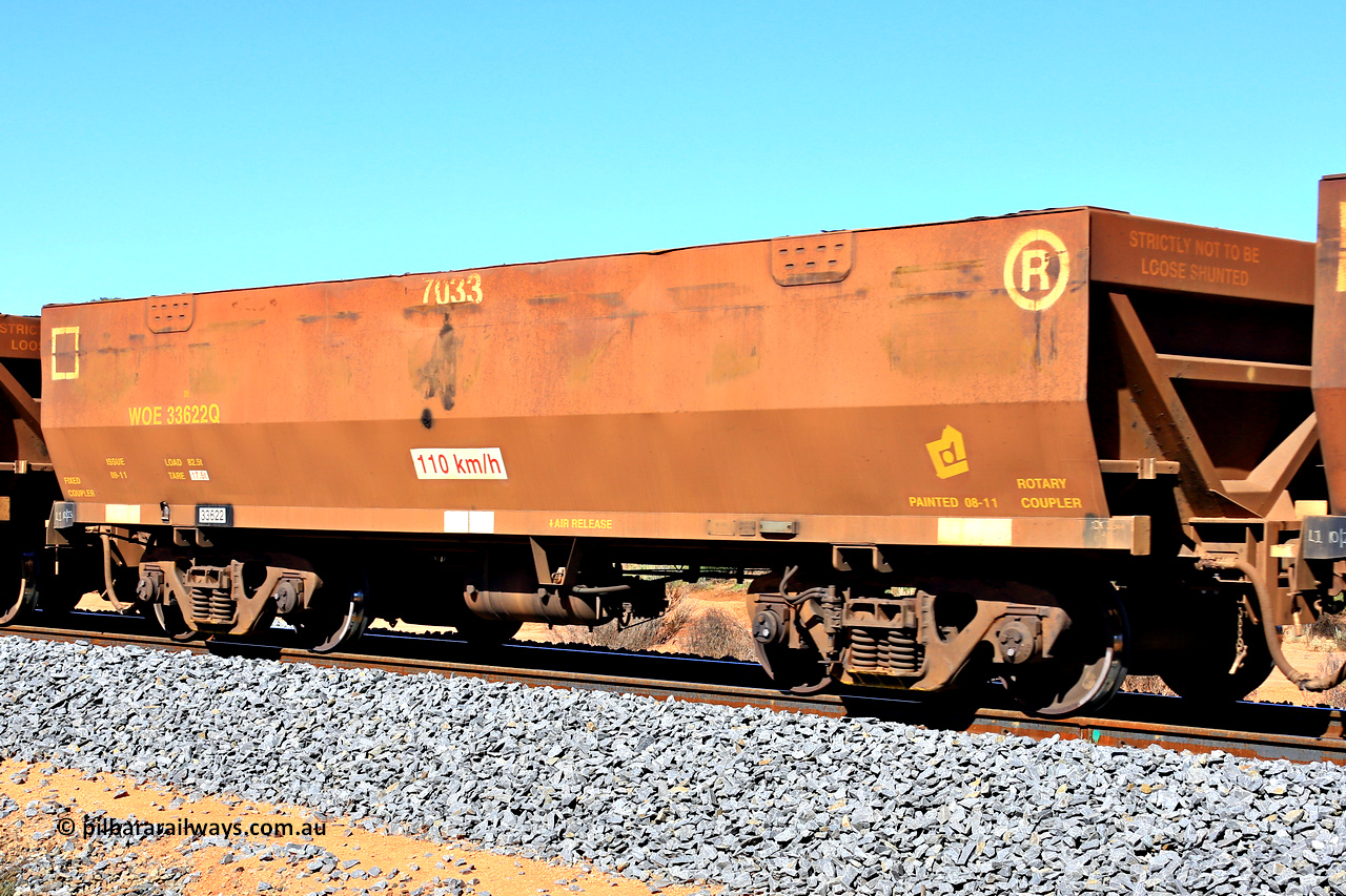 240328 2827
WOE type iron ore waggon WOE 33622 is from a batch of two hundred and twenty seven built by UGL Rail WA between from 08-2011 and 02-2012 of the current style of 82.5 tonne load capacity WOE class waggons with fleet number 7033, in Mineral Resources traffic 5040 empty Mount Walton iron ore train. March 28, 2024.
Keywords: WOE-type;WOE33622;UGL-Rail-WA;R0067-034;