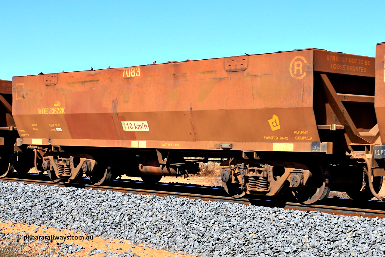 240328 2828
WOE type iron ore waggon WOE 33672 is from a batch of two hundred and twenty seven built by UGL Rail WA between from 08-2011 and 02-2012 of the current style of 82.5 tonne load capacity WOE class waggons with fleet number 7083, in Mineral Resources traffic 5040 empty Mount Walton iron ore train. March 28, 2024.
Keywords: WOE-type;WOE33672;UGL-Rail-WA;R0067-084;