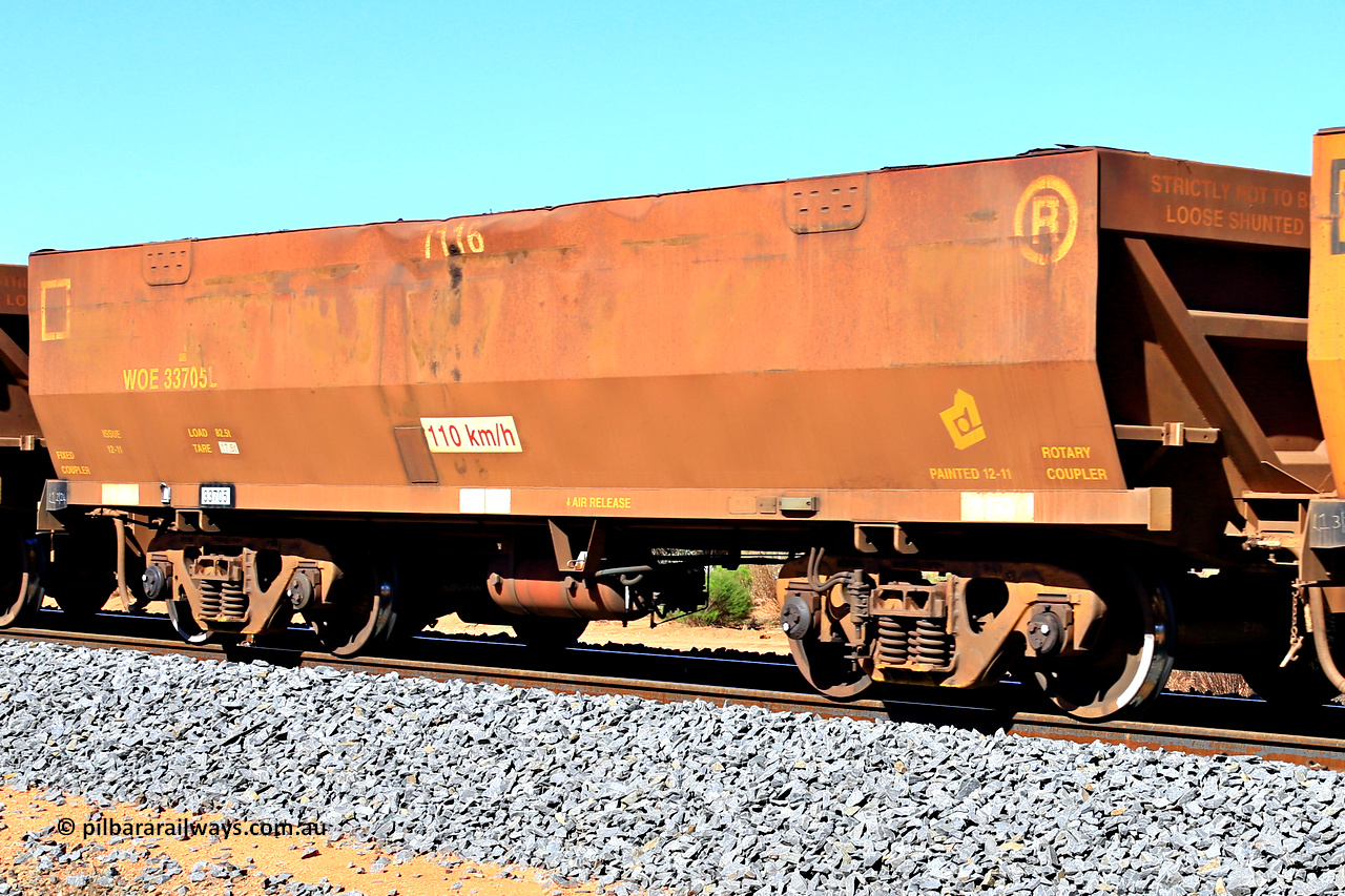 240328 2830
WOE type iron ore waggon WOE 33705 is from a batch of two hundred and twenty seven built by UGL Rail WA between from 08-2011 and 02-2012 of the current style of 82.5 tonne load capacity WOE class waggons with fleet number 7116, in Mineral Resources traffic 5040 empty Mount Walton iron ore train. March 28, 2024.
Keywords: WOE-type;WOE33705;UGL-Rail-WA;R0067-117;