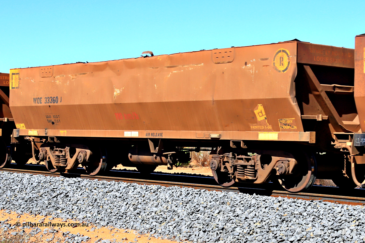 240328 2831
WOE type iron ore waggon WOE 33360 is one of a batch of one hundred and forty one built by United Goninan WA between November 2005 and April 2006 with serial number 950142-065 and was fleet number 859 before the sides were repainted brown and black numbering applied. In Mineral Resources traffic 5040 empty Mount Walton iron ore train. March 28, 2024.
Keywords: WOE-type;WOE33360;United-Goninan-WA;950142-065;