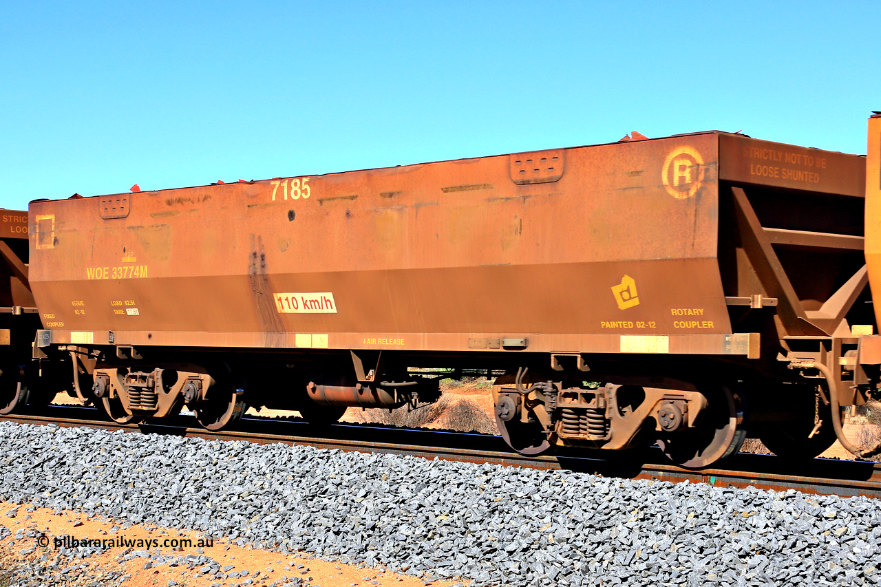 240328 2833
WOE type iron ore waggon WOE 33774 is from a batch of two hundred and twenty seven built by UGL Rail WA between from 08-2011 and 02-2012 of the current style of 82.5 tonne load capacity WOE class waggons with fleet number 7185, in Mineral Resources traffic 5040 empty Mount Walton iron ore train. March 28, 2024.
Keywords: WOE-type;WOE33774;UGL-Rail-WA;R0067-186;