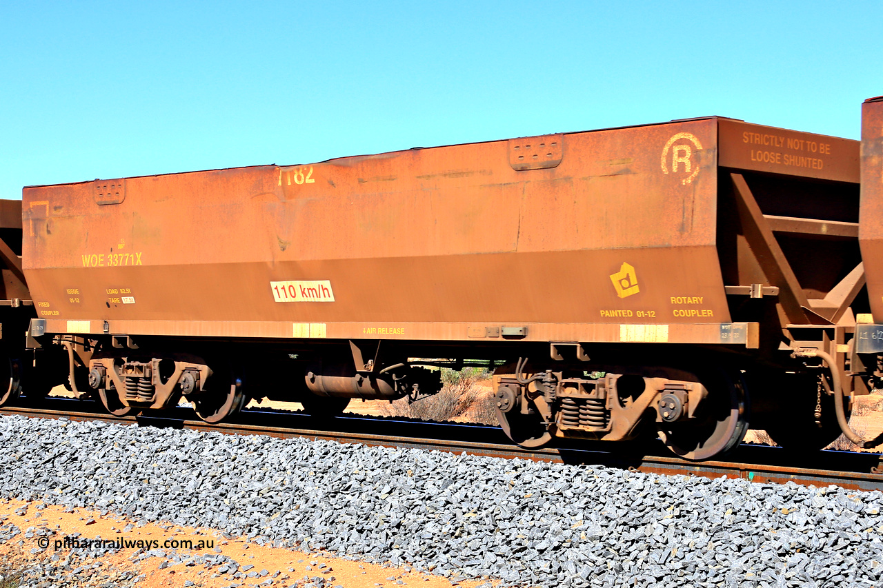 240328 2834
WOE type iron ore waggon WOE 33771 is from a batch of two hundred and twenty seven built by UGL Rail WA between from 08-2011 and 02-2012 of the current style of 82.5 tonne load capacity WOE class waggons with fleet number 7182, in Mineral Resources traffic 5040 empty Mount Walton iron ore train. March 28, 2024.
Keywords: WOE-type;WOE33771;UGL-Rail-WA;R0067-183;
