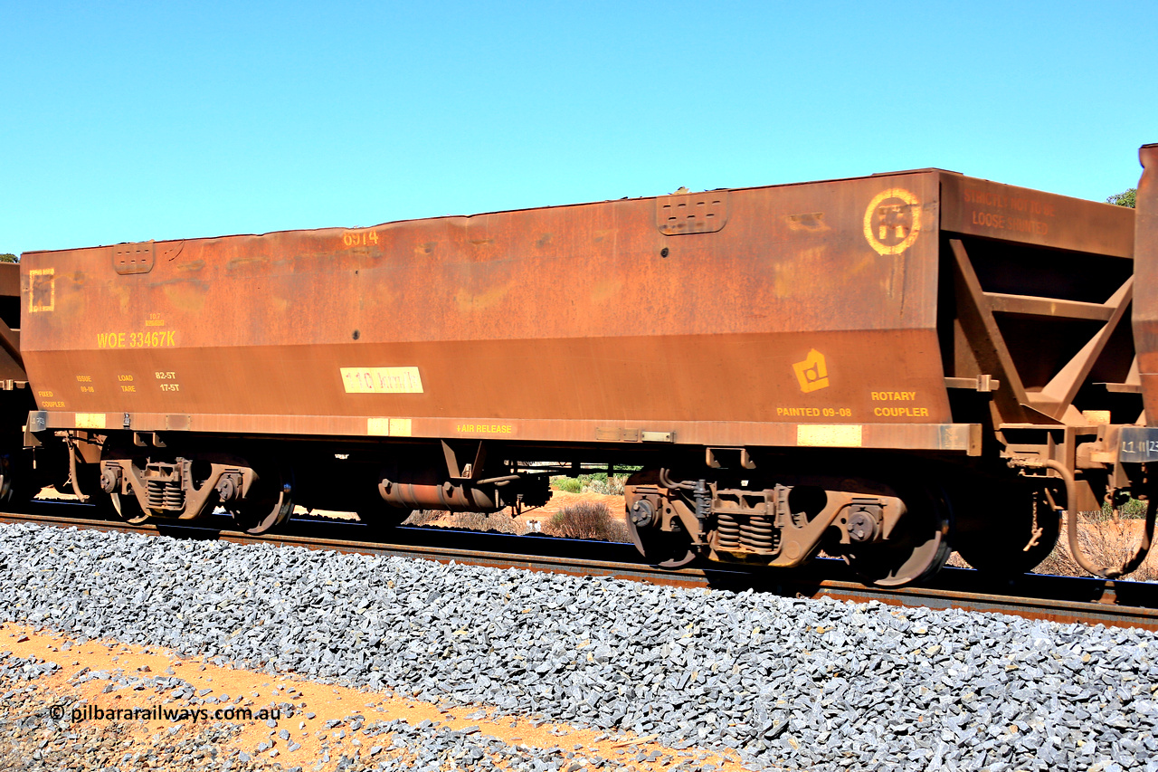 240328 2836
WOE type iron ore waggon WOE 33467 is one of a batch of one hundred and twenty eight built by United Group Rail WA between August 2008 and March 2009 with serial number 950211-009 and fleet number 8974, in Mineral Resources traffic 5040 empty Mount Walton iron ore train. March 28, 2024.
Keywords: WOE-type;WOE33467;United-Group-Rail-WA;950211-009;