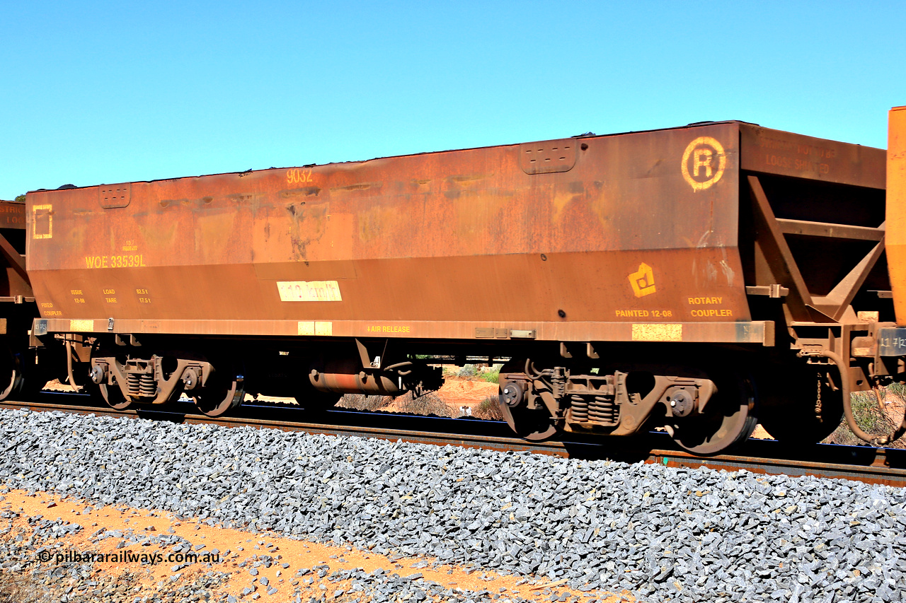 240328 2838
WOE type iron ore waggon WOE 33539 is one of a batch of one hundred and twenty eight built by United Group Rail WA between August 2008 and March 2009 with serial number 950211-079 and fleet number 9032, in Mineral Resources traffic 5040 empty Mount Walton iron ore train. March 28, 2024.
Keywords: WOE-type;WOE33539;United-Group-Rail-WA;950211-079;