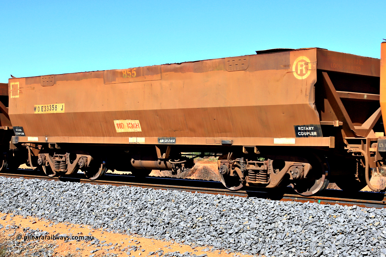 240328 2840
WOE type iron ore waggon WOE 33356 is one of a batch of one hundred and forty one built by United Goninan WA between November 2005 and April 2006 with serial number 950142-061 and fleet number 855, in Mineral Resources traffic 5040 empty Mount Walton iron ore train. March 28, 2024.
Keywords: WOE-type;WOE33356;United-Goninan-WA;950142-061;