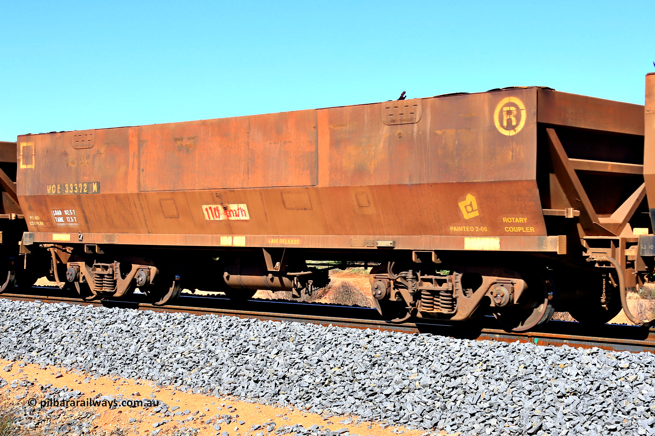240328 2841
WOE type iron ore waggon WOE 33372 is one of a batch of one hundred and forty one built by United Goninan WA between November 2005 and April 2006 with serial number 950142-077 and fleet number 871 only just visible, in Mineral Resources traffic 5040 empty Mount Walton iron ore train. March 28, 2024.
Keywords: WOE-type;WOE33372;United-Goninan-WA;950142-077;