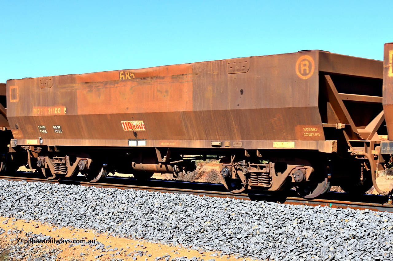 240328 2842
WOE type iron ore waggon WOE 31100 is one of a batch of one hundred and thirty built by Goninan WA between March and August 2001 with serial number 950092-090 and fleet number 685, in Mineral Resources traffic 5040 empty Mount Walton iron ore train. March 28, 2024.
Keywords: WOE-type;WOE31100;Goninan-WA;950092-090;