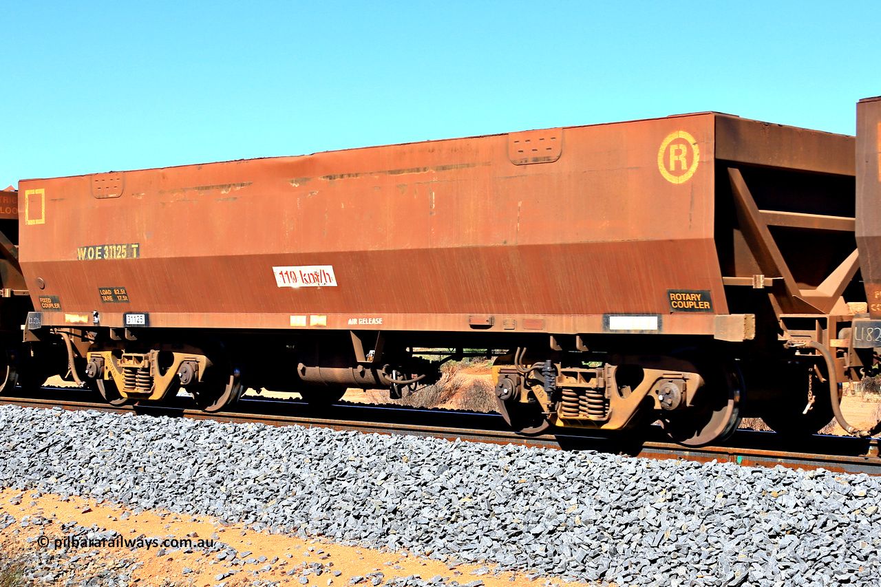 240328 2843
WOE type iron ore waggon WOE 31125 is one of a batch of one hundred and thirty built by Goninan WA between March and August 2001 with serial number 950092-115 and was fleet number 707 before the sides were repainted, in Mineral Resources traffic 5040 empty Mount Walton iron ore train. March 28, 2024.
Keywords: WOE-type;WOE31125;Goninan-WA;950092-115;