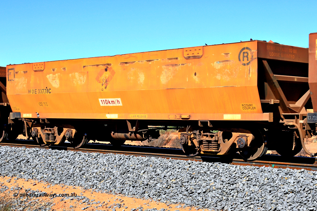 240328 2844
WOE type iron ore waggon WOE 33778 is from a batch of two hundred and twenty seven built by UGL Rail WA between from 08-2011 and 02-2012 of the current style of 82.5 tonne load capacity WOE class waggons and had fleet number 7189 before the Aurizon yellow sides and logos, in Mineral Resources traffic 5040 empty Mount Walton iron ore train. March 28, 2024.
Keywords: WOE-type;WOE33778;UGL-Rail-WA;R0067-190;