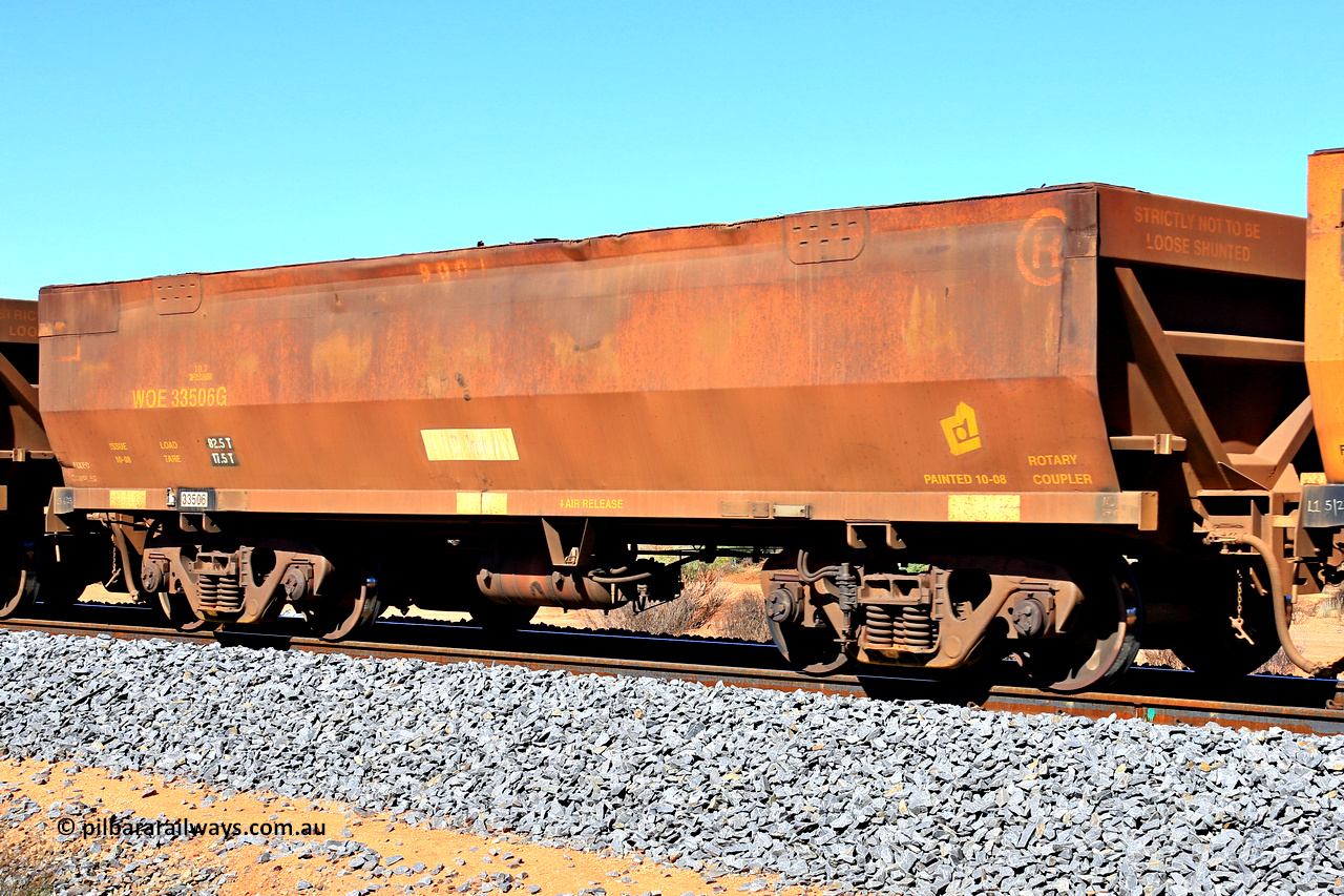 240328 2846
WOE type iron ore waggon WOE 33506 is one of a batch of one hundred and twenty eight built by United Group Rail WA between August 2008 and March 2009 with serial number 950211-046 and fleet number 9001, in Mineral Resources traffic 5040 empty Mount Walton iron ore train. March 28, 2024.
Keywords: WOE-type;WOE33506;United-Group-Rail-WA;950211-046;
