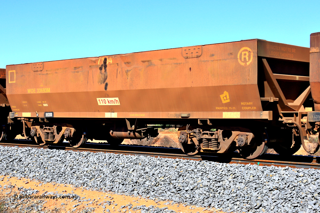 240328 2847
WOE type iron ore waggon WOE 33693 is from a batch of two hundred and twenty seven built by UGL Rail WA between from 08-2011 and 02-2012 of the current style of 82.5 tonne load capacity WOE class waggons and fleet number 7104, in Mineral Resources traffic 5040 empty Mount Walton iron ore train. March 28, 2024.
Keywords: WOE-type;WOE33693;UGL-Rail-WA;R0067-105;