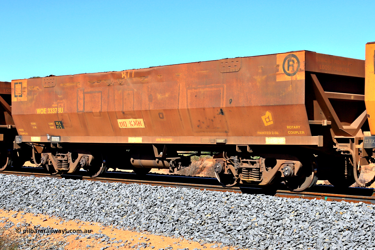 240328 2849
WOE type iron ore waggon WOE 33378 is one of a batch of one hundred and forty one built by United Goninan WA between November 2005 and April 2006 with serial number 950142-083 and fleet number 877. WOE 33378 was the last waggon plated as United Goninan, the following built were United Group Rail. In Mineral Resources traffic 5040 empty Mount Walton iron ore train. March 28, 2024.
Keywords: WOE-type;WOE33378;United-Goninan-WA;950142-083;