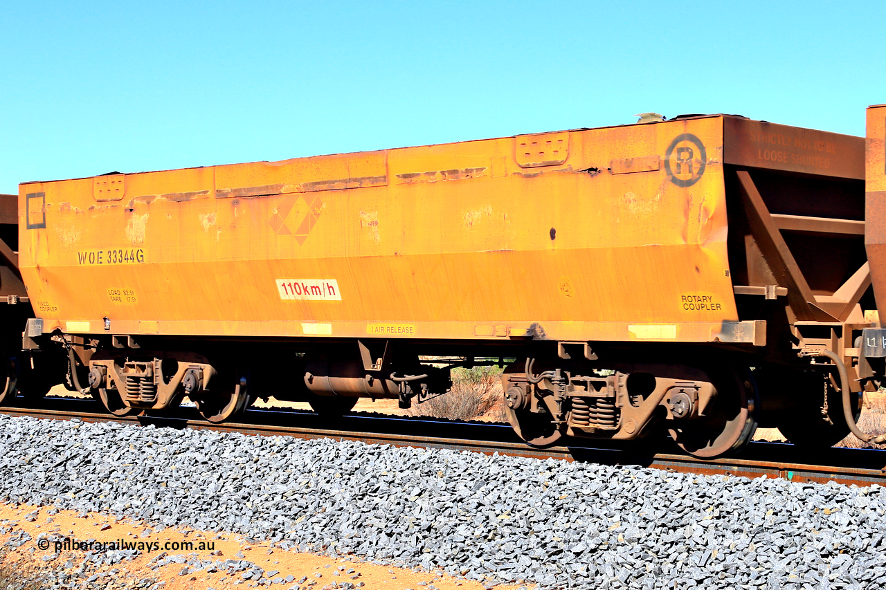 240328 2850
WOE type iron ore waggon WOE 33344 is one of a batch of one hundred and forty one built by United Group Rail WA between November 2005 and April 2006 with serial number 950142-049 and was fleet number 843 before the Aurizon yellow painted sides and logos, in Mineral Resources traffic 5040 empty Mount Walton iron ore train. March 28, 2024.
Keywords: WOE-type;WOE33344;United-Goninan-WA;950142-049;