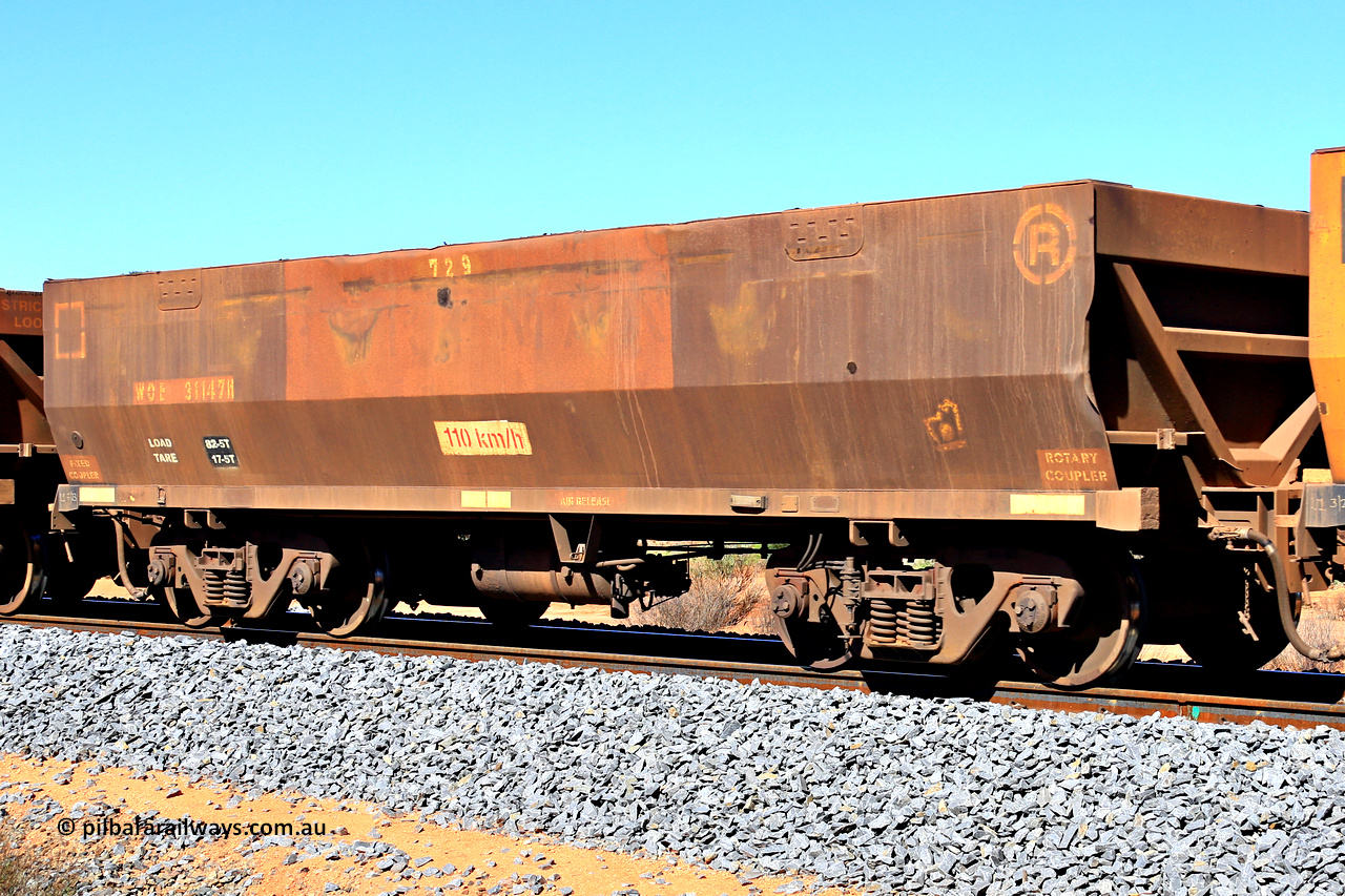 240328 2851
WOE type iron ore waggon WOE 31147 is one of a batch of fifteen built by Goninan WA between April and May 2002 and fleet number 729, in Mineral Resources traffic 5040 empty Mount Walton iron ore train. March 28, 2024.
Keywords: WOE-type;WOE31147;Goninan-WA;