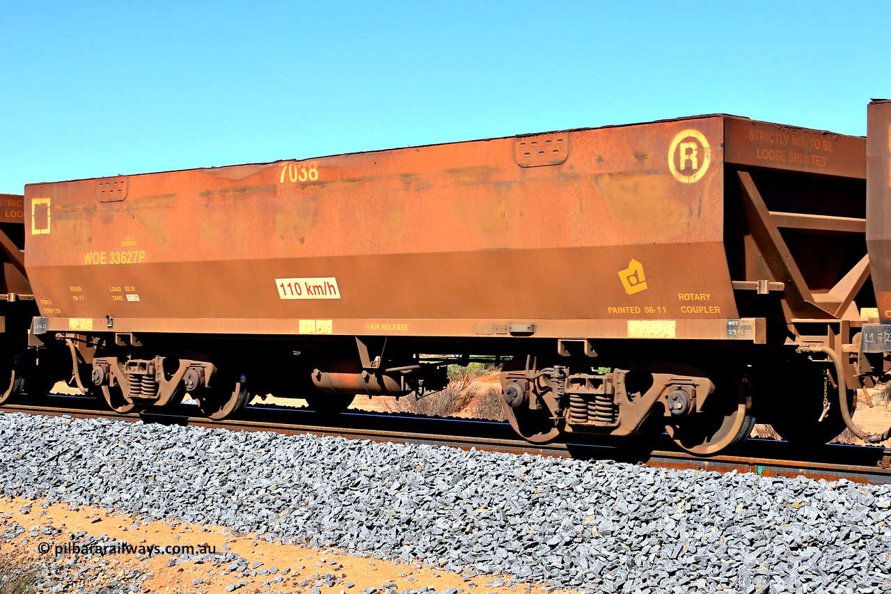 240328 2852
WOE type iron ore waggon WOE 33627 is from a batch of two hundred and twenty seven built by UGL Rail WA between from 08-2011 and 02-2012 of the current style of 82.5 tonne load capacity WOE class waggons and fleet number 7038, in Mineral Resources traffic 5040 empty Mount Walton iron ore train. March 28, 2024.
Keywords: WOE-type;WOE33627;UGL-Rail-WA;R0067-039;